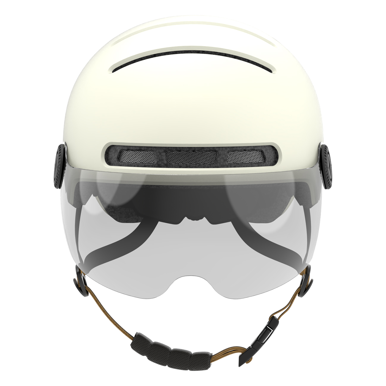 Un casco da bicicletta color crema con visiera trasparente e sottogola nero. Ha una presa d'aria sopra e sulla fronte.