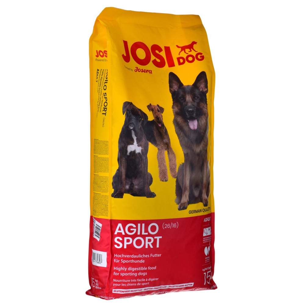 Una bolsa de comida para perros amarilla y roja con tres perros y el texto 'AGILO SPORT'. La bolsa es para perros deportistas.