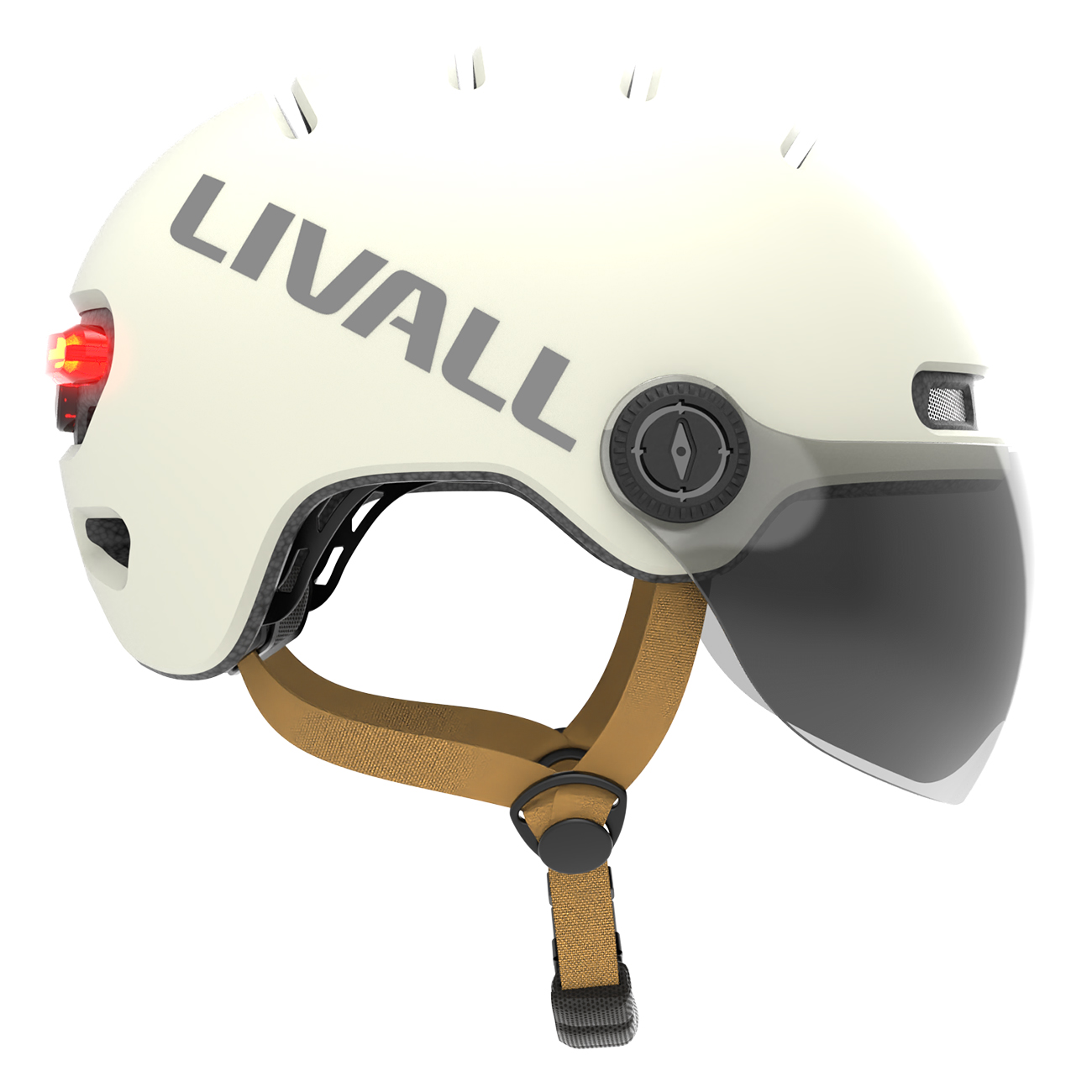Un casco da bici LIVALL color crema con visiera e cinghie. Ha una luce rossa sul retro e un logo laterale.