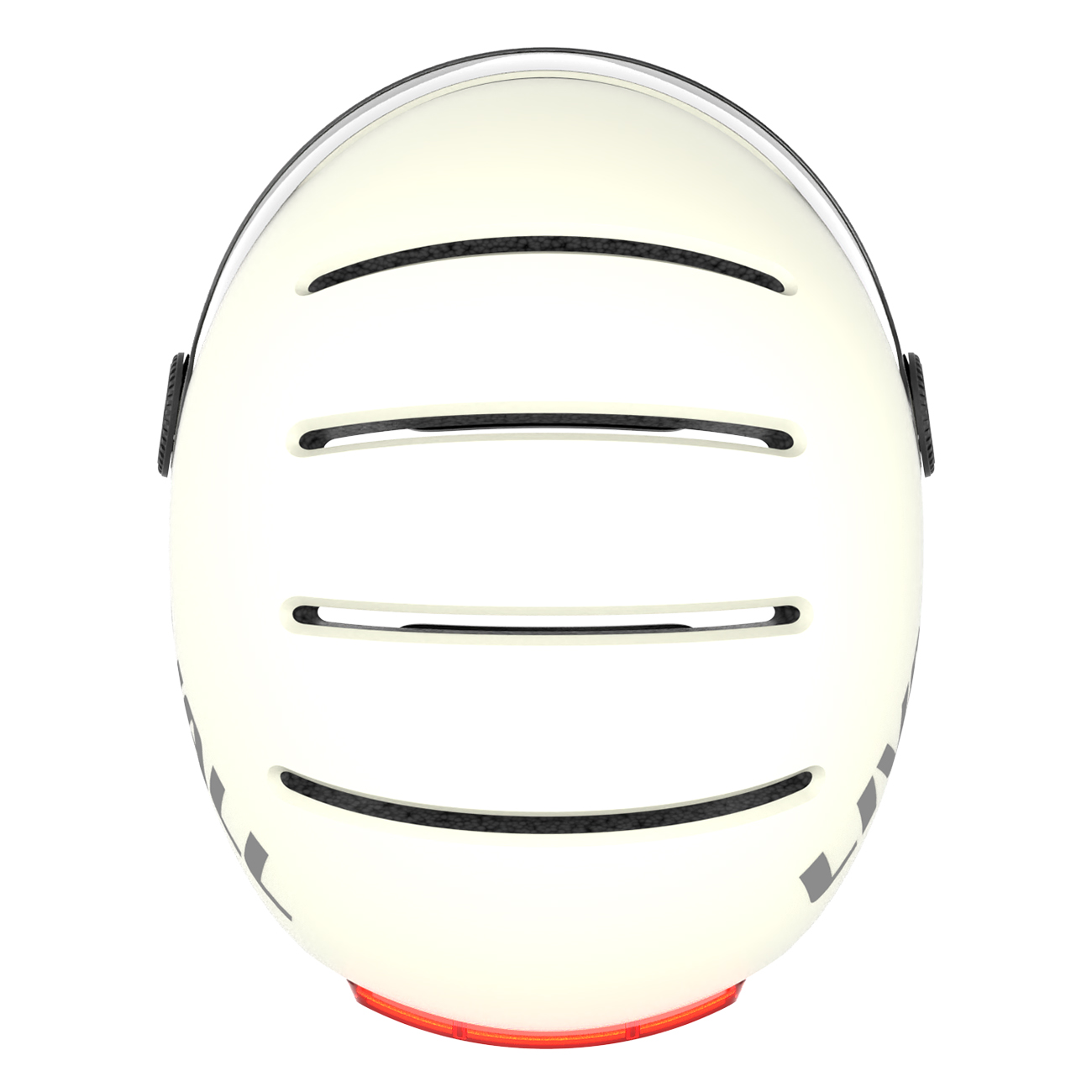 Un casco da bicicletta bianco con prese d'aria nere e una luce rossa in basso. Il casco ha una forma ovale curva.