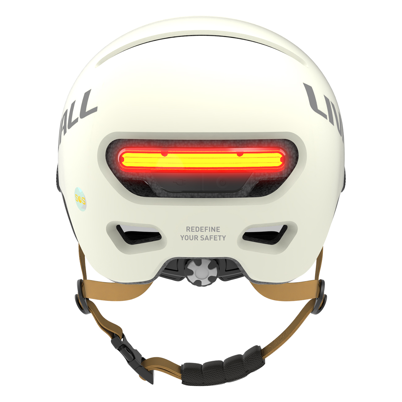 Vista posteriore di un casco da bici bianco con luce rossa, cinghie marroni e la scritta 'REDEFINE YOUR SAFETY'.