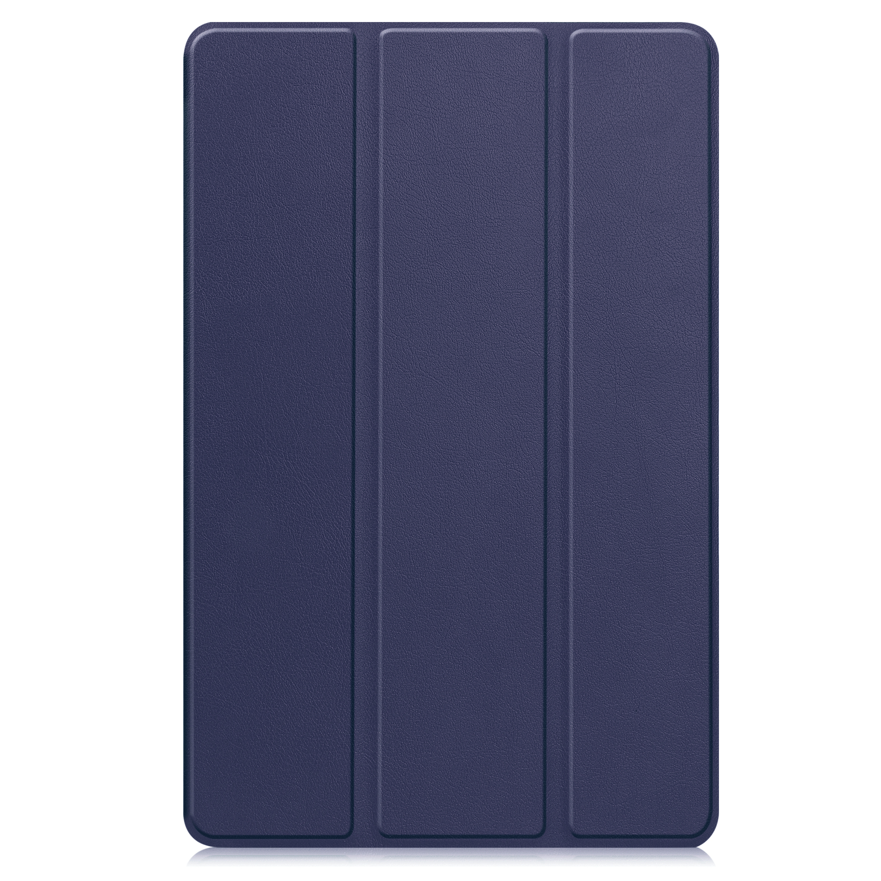 Una custodia per tablet blu navy, chiusa. La custodia è realizzata in materiale strutturato, con un design a tre pannelli.