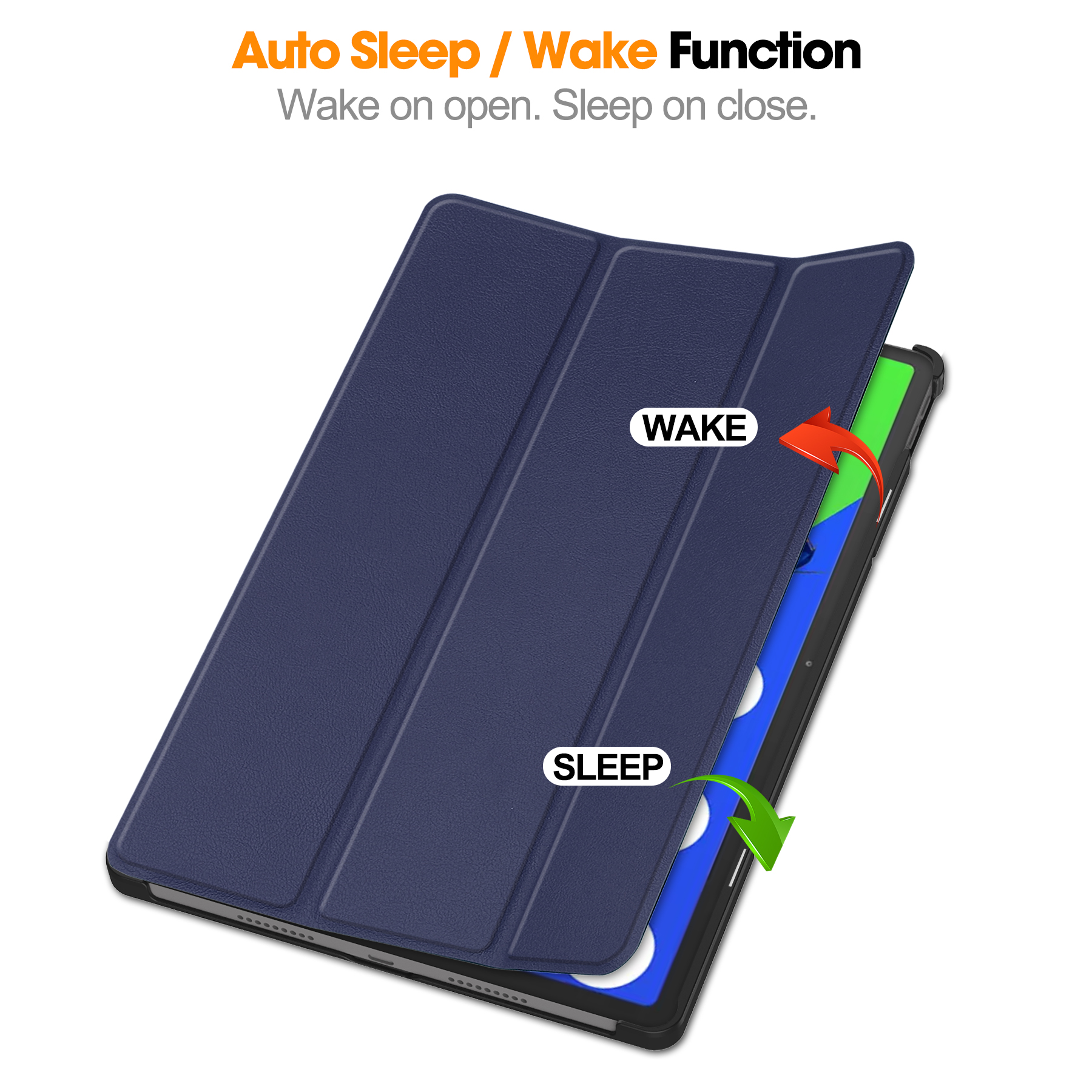 Un tablet con custodia blu è mostrato. Il testo dice 'Wake on open. Sleep on close.' Frecce indicano apri/chiudi.