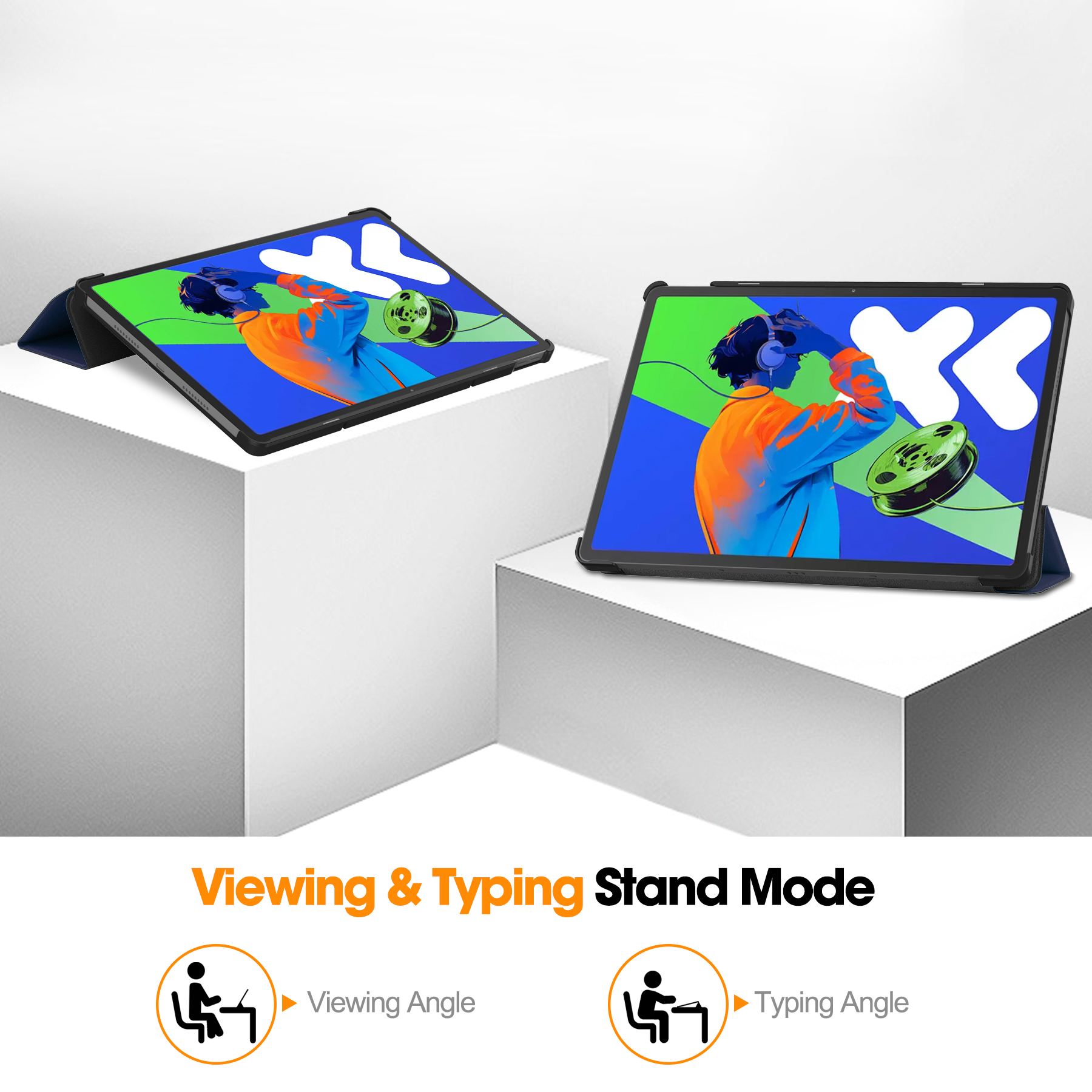 Due tablet su blocchi bianchi, che mostrano angoli di visualizzazione e digitazione. Ogni schermo mostra una persona con le cuffie.