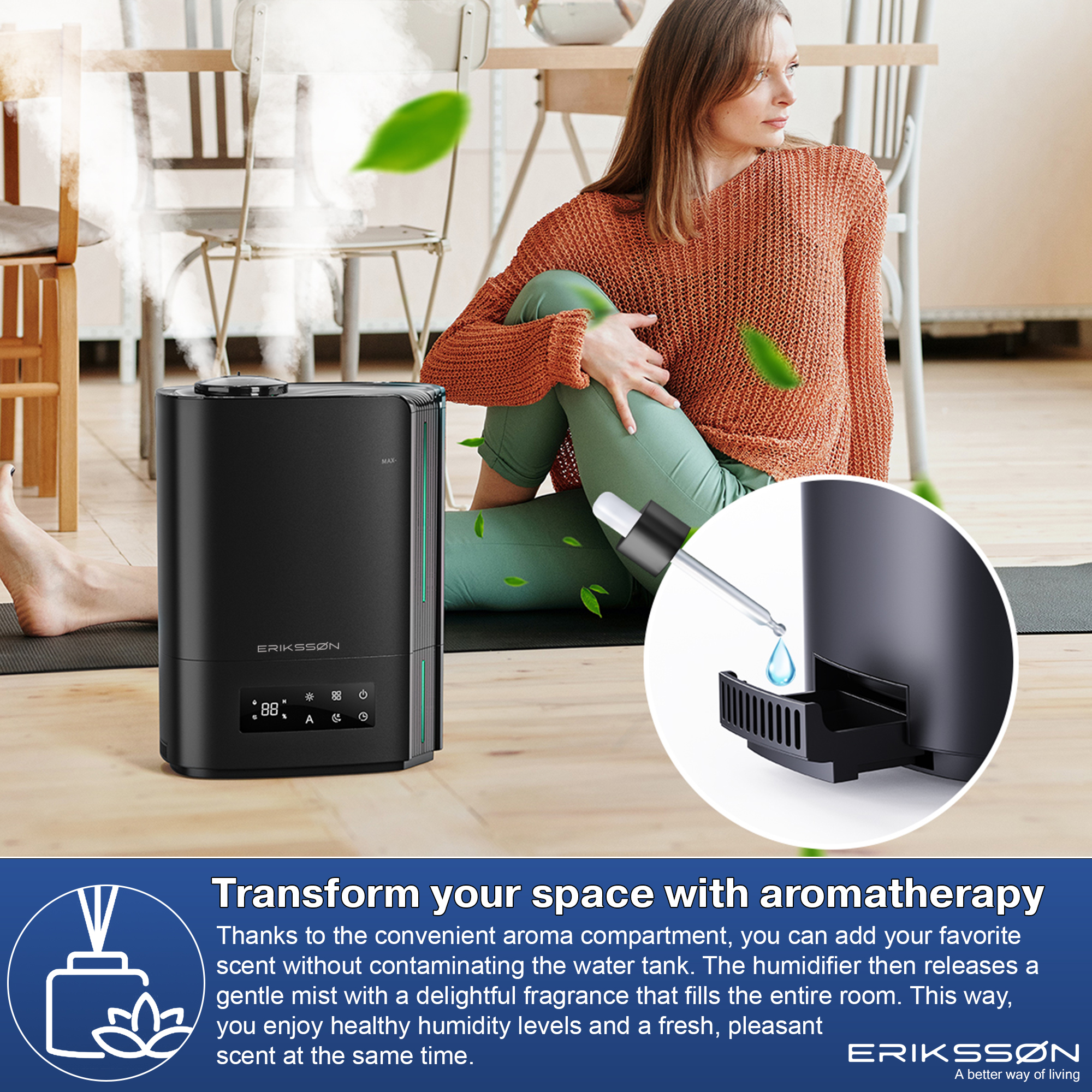 Woman in room with a humidifier. She is sitting with crossed legs. Steam and green leaves are in the air.