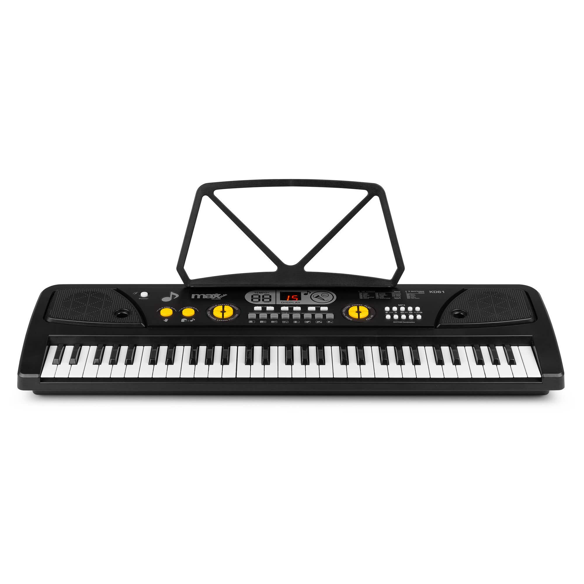 Teclado negro con teclas blancas, un atril y una pantalla digital. El fondo es blanco.