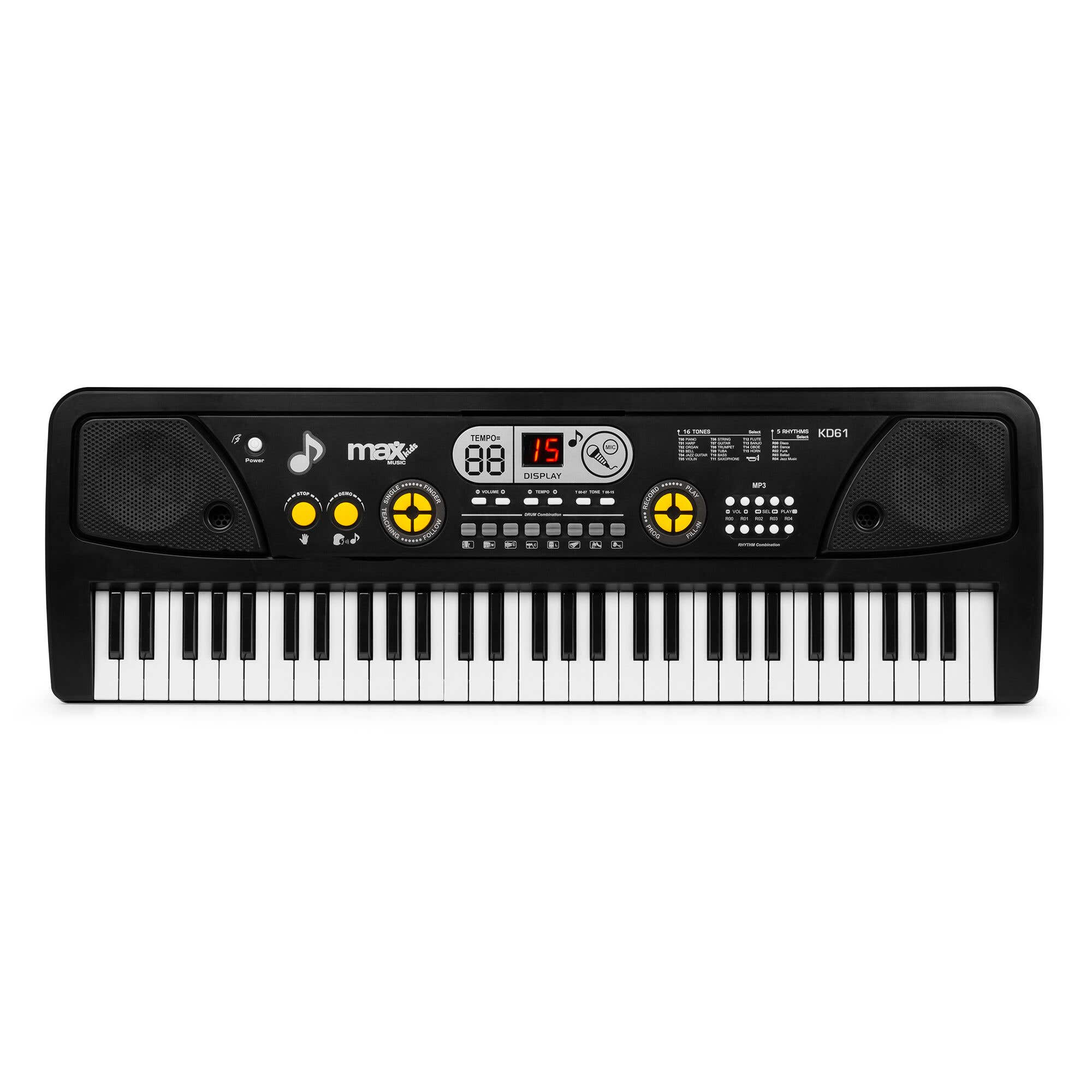 Un teclado Max kids en blanco y negro. Cuenta con teclas, botones, una pantalla y altavoces a ambos lados.