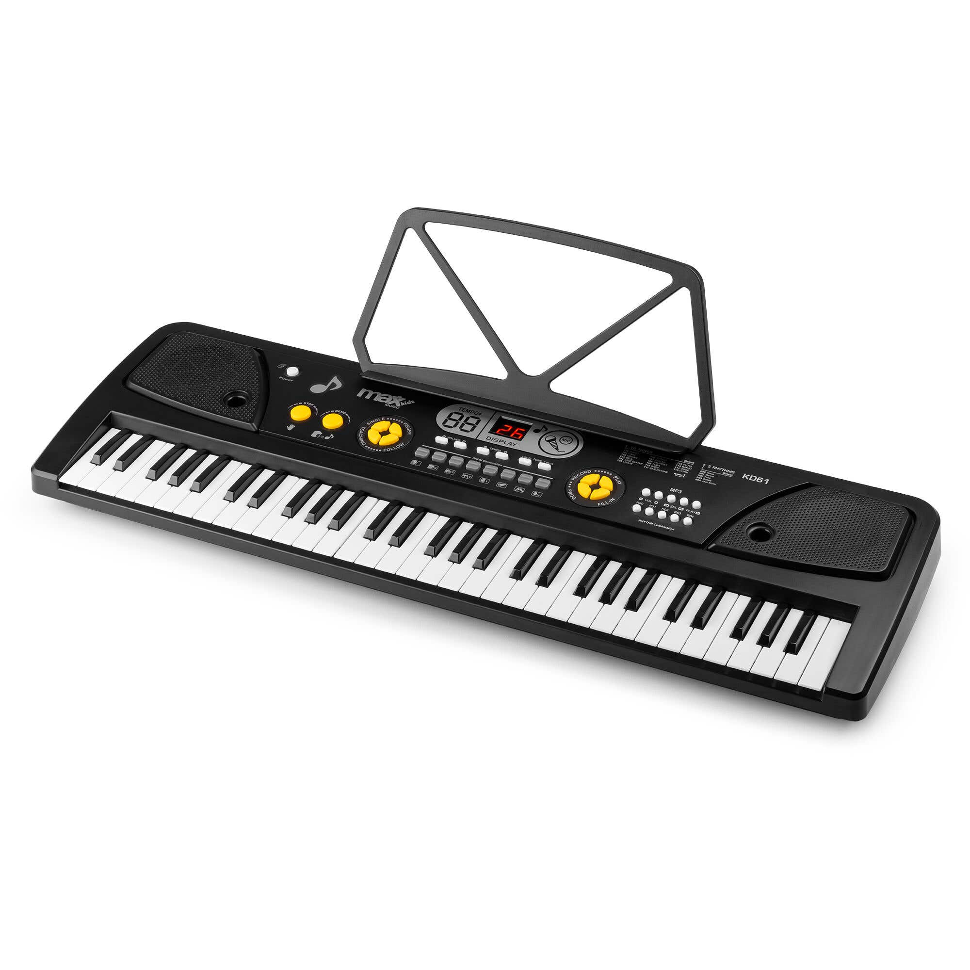 Un teclado blanco y negro con un atril. Tiene botones y una pantalla. El fondo es blanco.