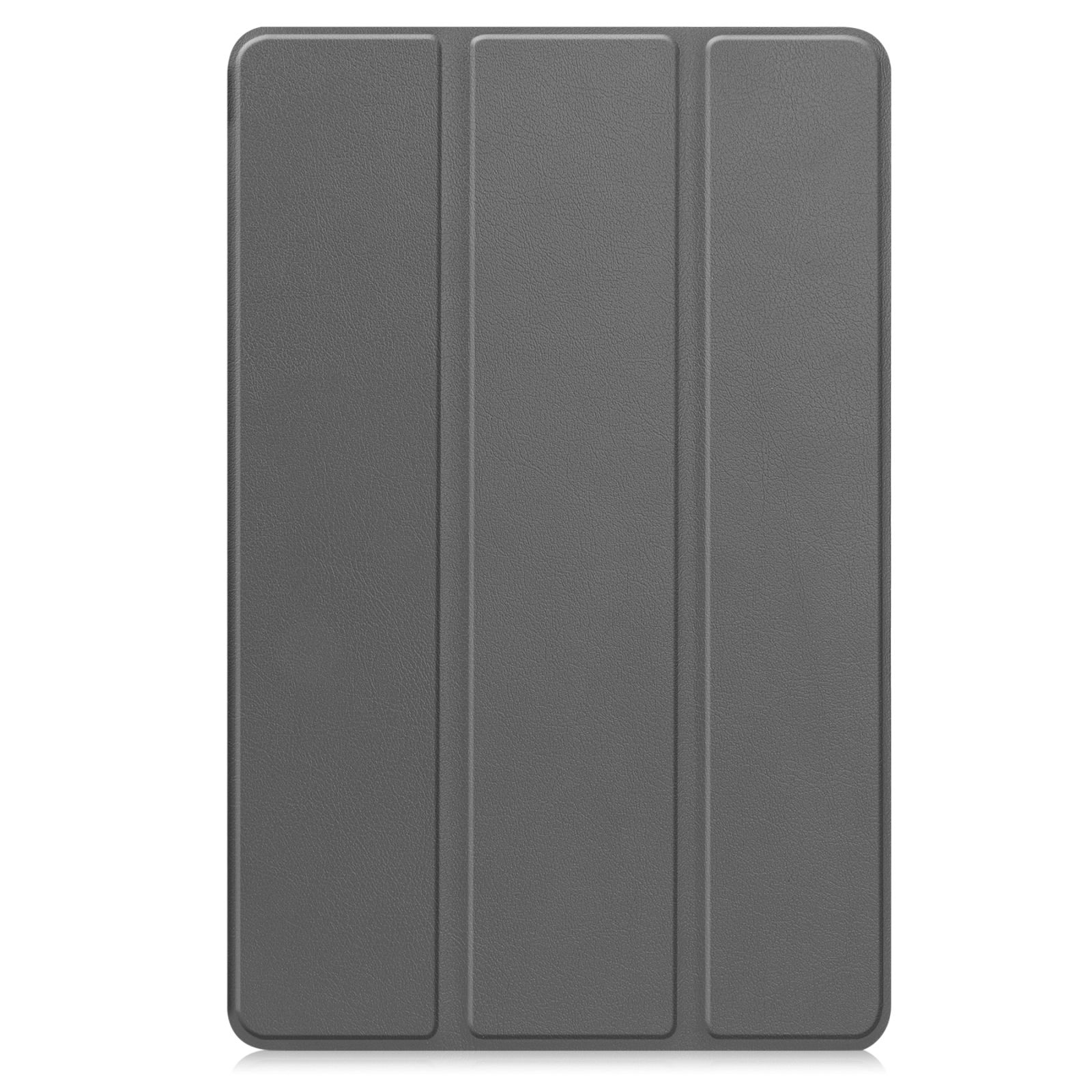 Custodia grigia per tablet. Chiusa e rettangolare, con tre pannelli e superficie strutturata.