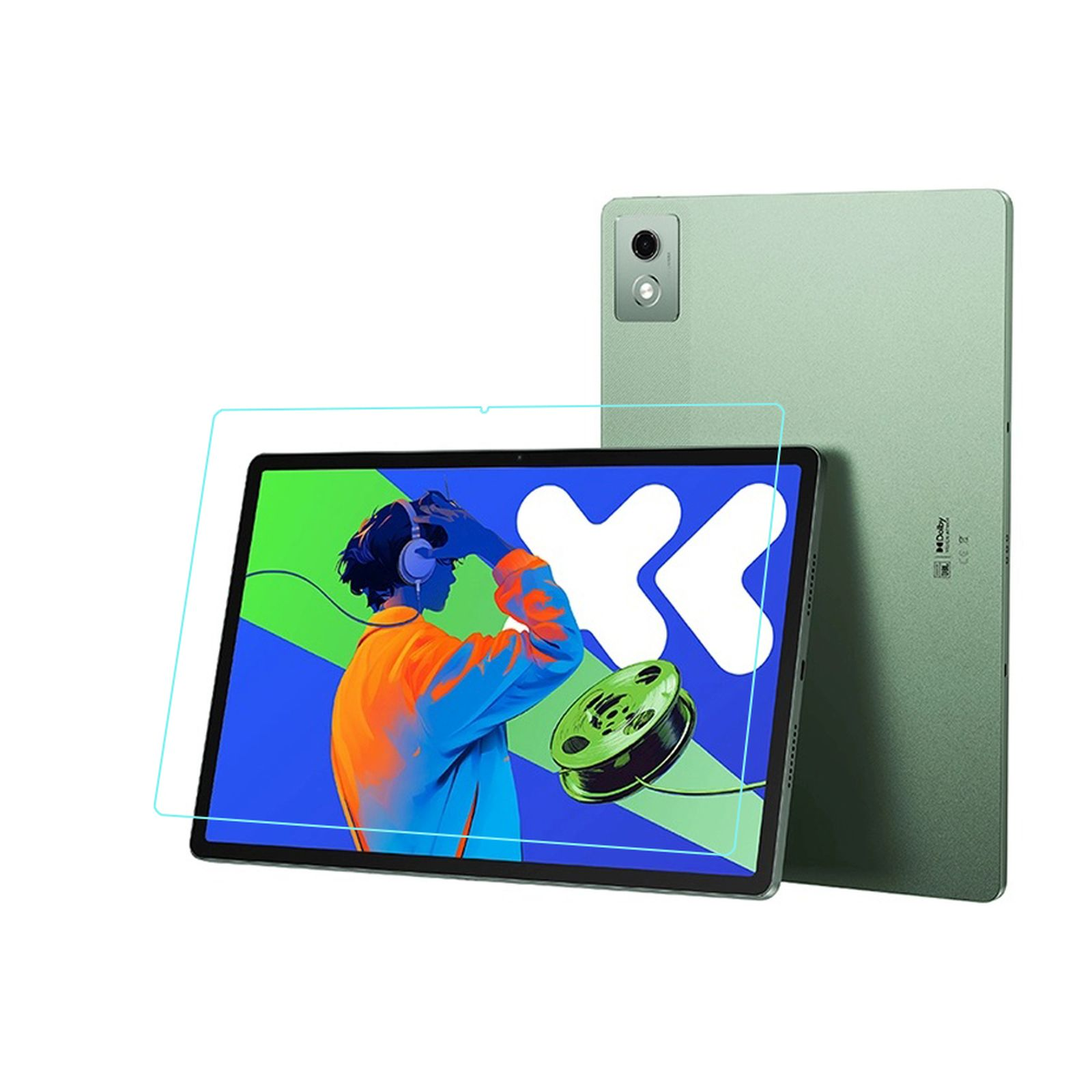 Due tablet verdi. Uno ha una protezione per lo schermo. Lo schermo mostra una persona con le cuffie e una bobina.