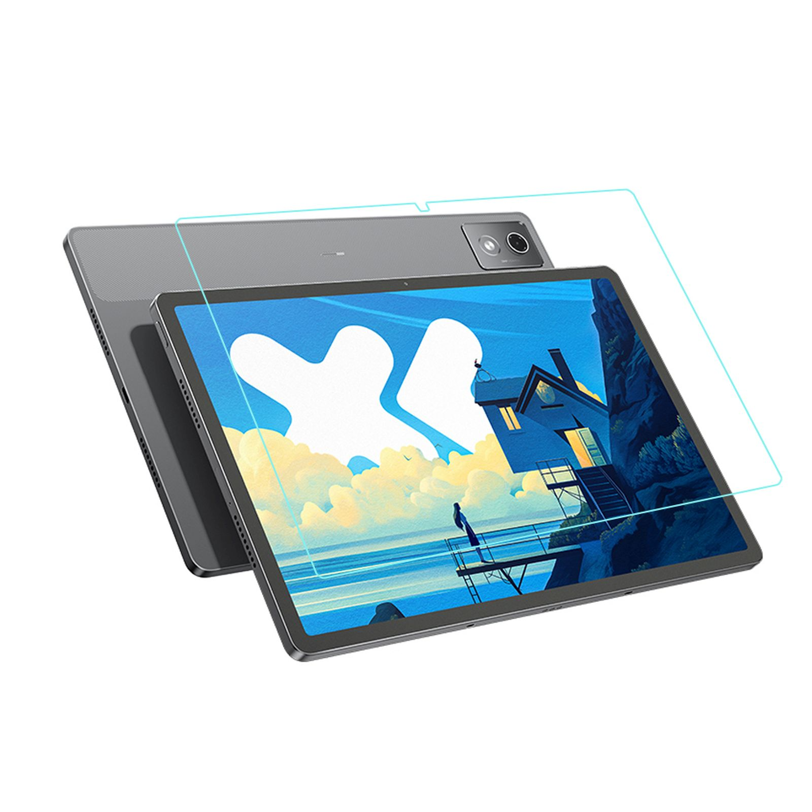 Due tablet, uno davanti con protezione schermo. Lo schermo mostra un paesaggio. Una fotocamera è visibile sul retro.