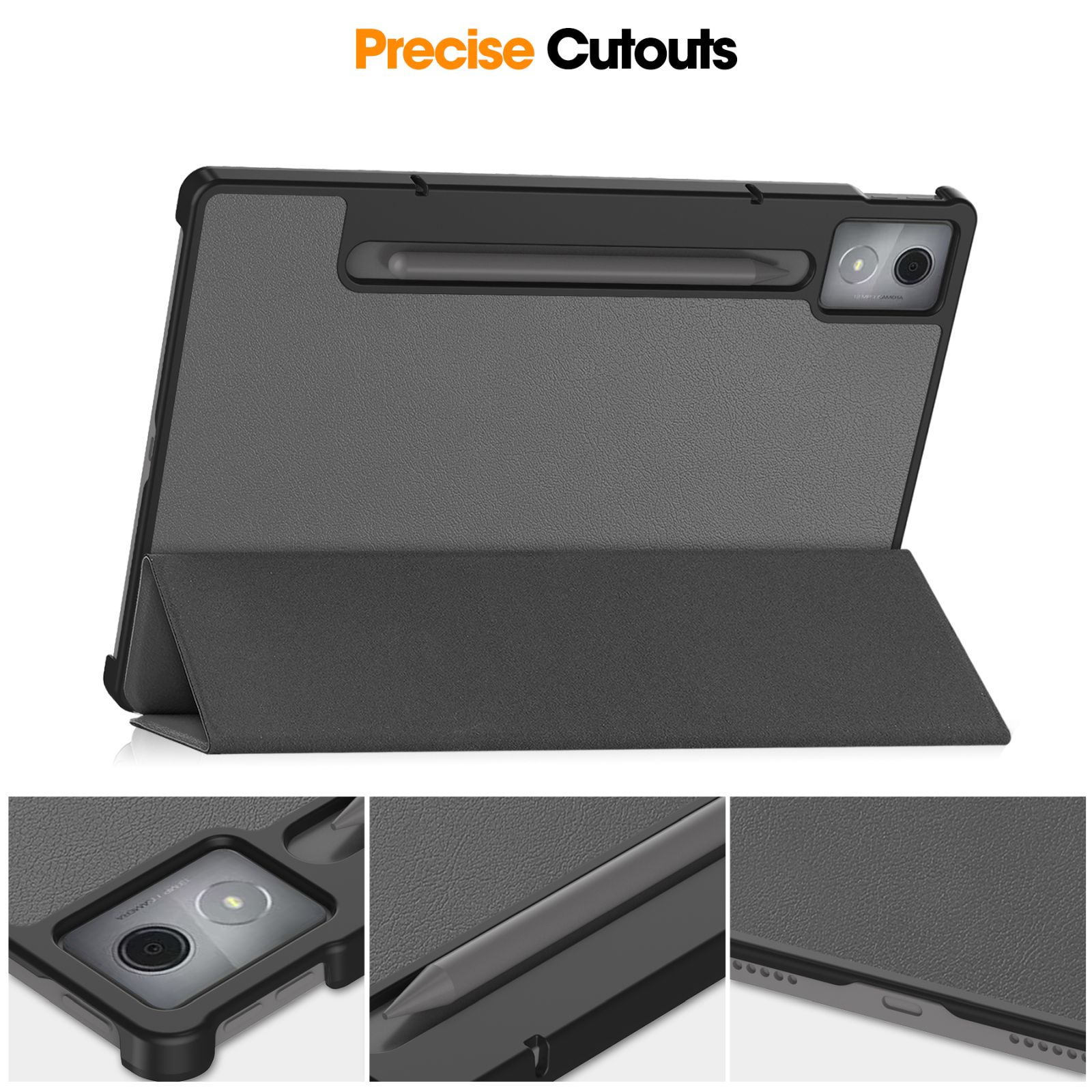 Un tablet in una custodia protettiva con uno stilo. La custodia è nera e grigia. Ritagli precisi è scritto in alto.