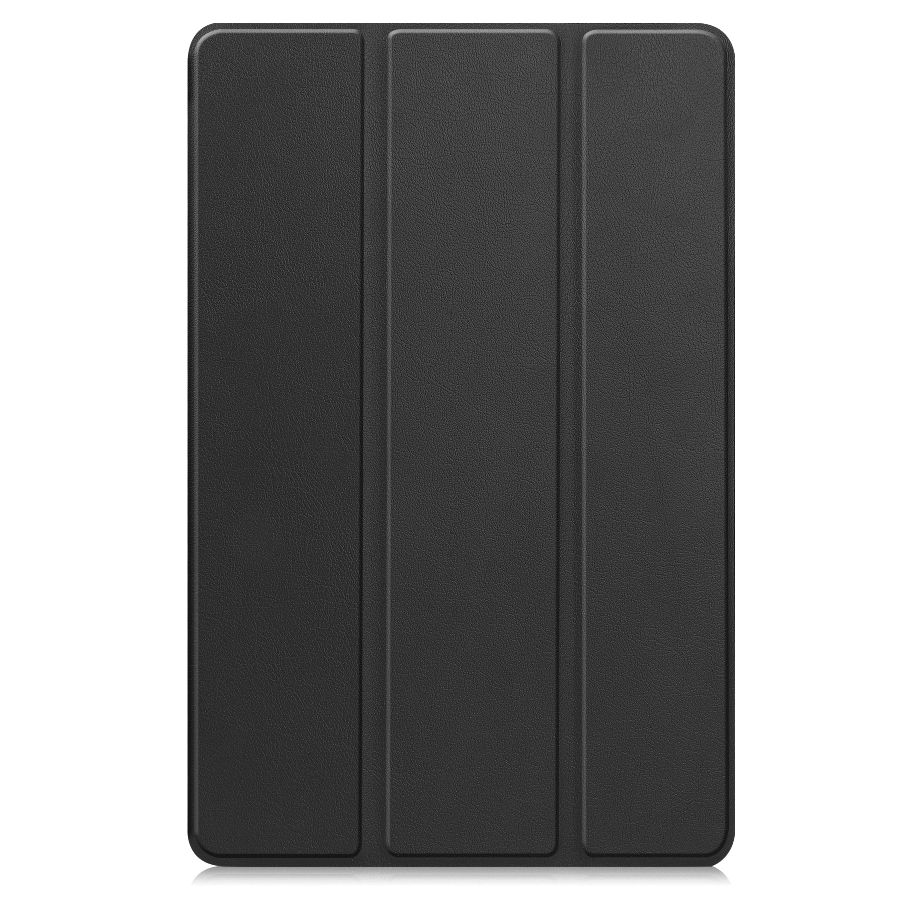 Custodia nera per tablet in posizione verticale. Ha una superficie strutturata con tre sezioni piegate su sfondo bianco.
