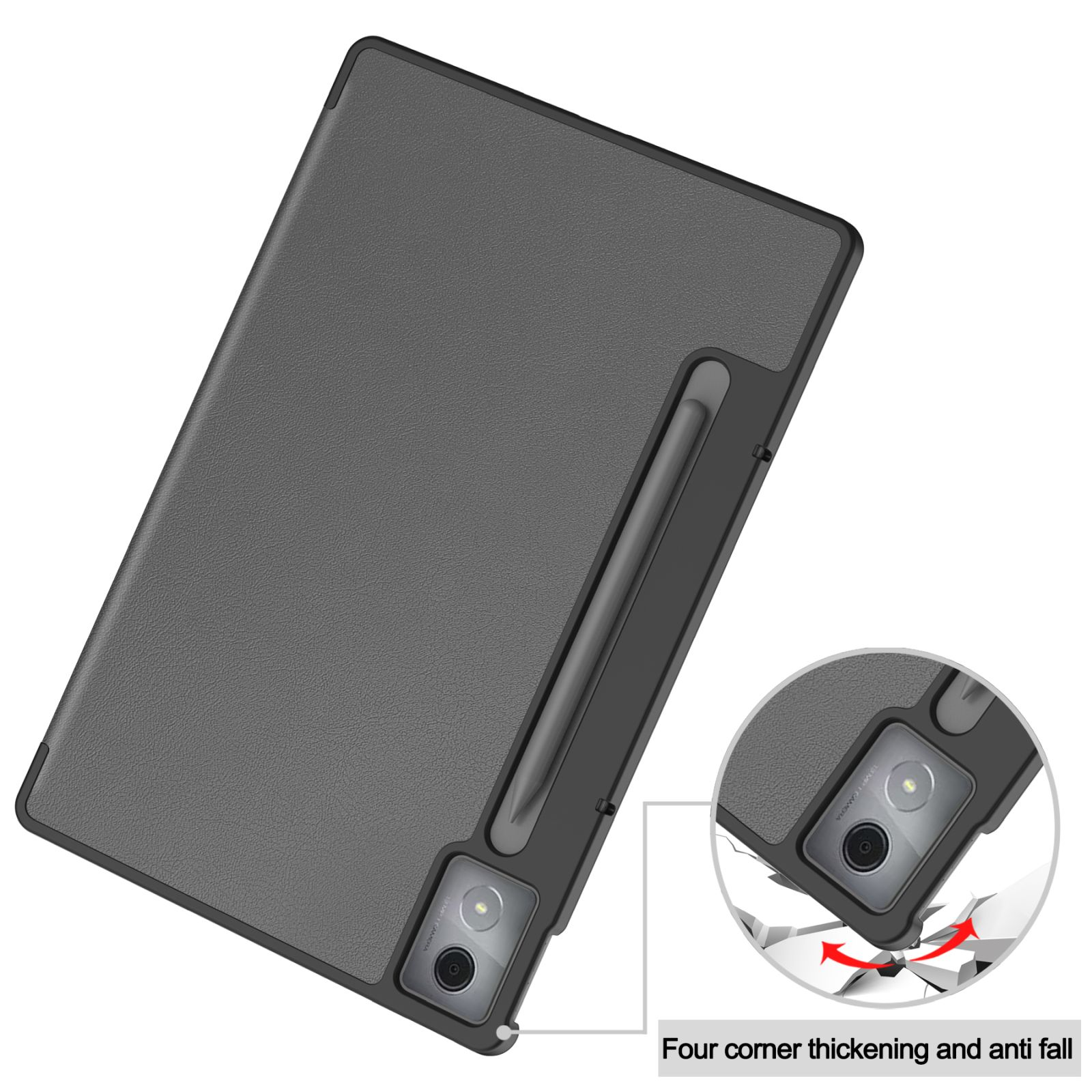 Una custodia grigia per tablet con stilo. La custodia è mostrata con un dettaglio dell'ispessimento dei quattro angoli e anticaduta.