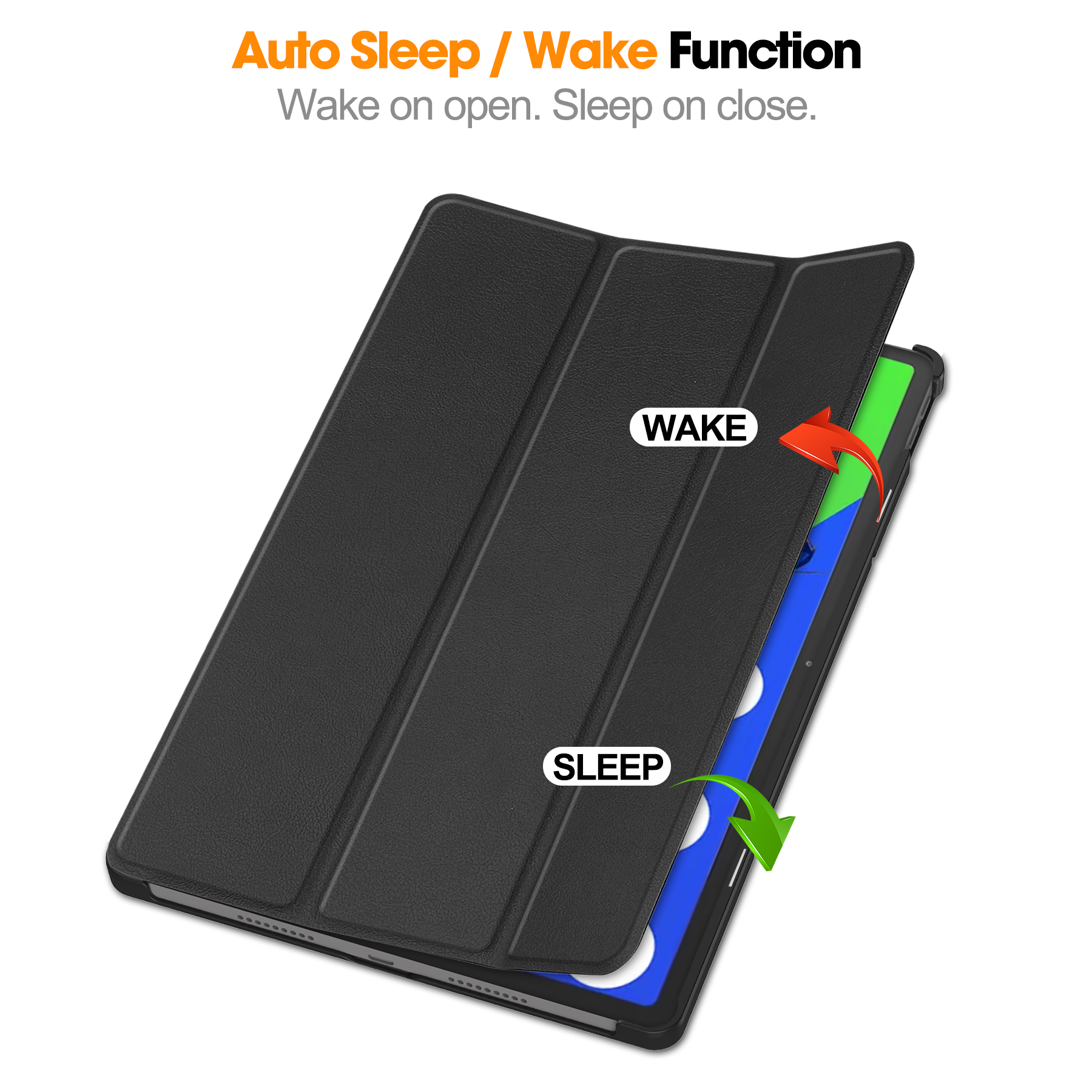 Una custodia per tablet con funzione di sospensione/riattivazione automatica. Custodia nera aperta, che mostra lo schermo del tablet. Le frecce indicano sveglia e sospensione.