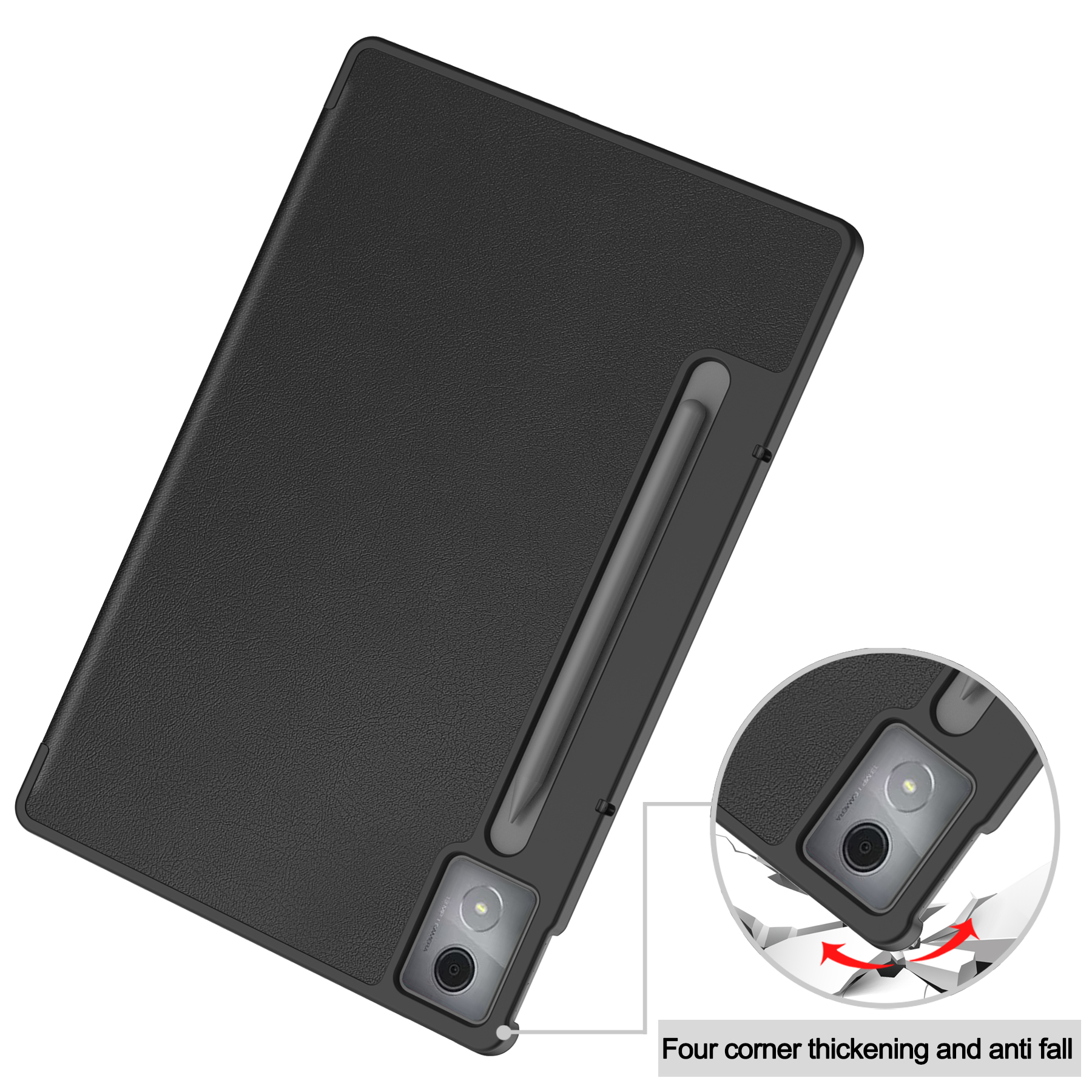 Custodia per tablet nera con stilo, su sfondo bianco. I dettagli mostrano protezione angolare e funzioni anti-caduta.