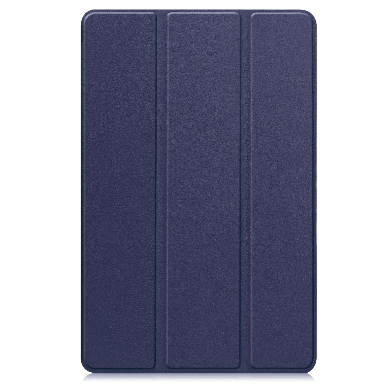 Un primo piano di una custodia per tablet blu navy, che mostra la copertura anteriore piegata in tre sezioni.