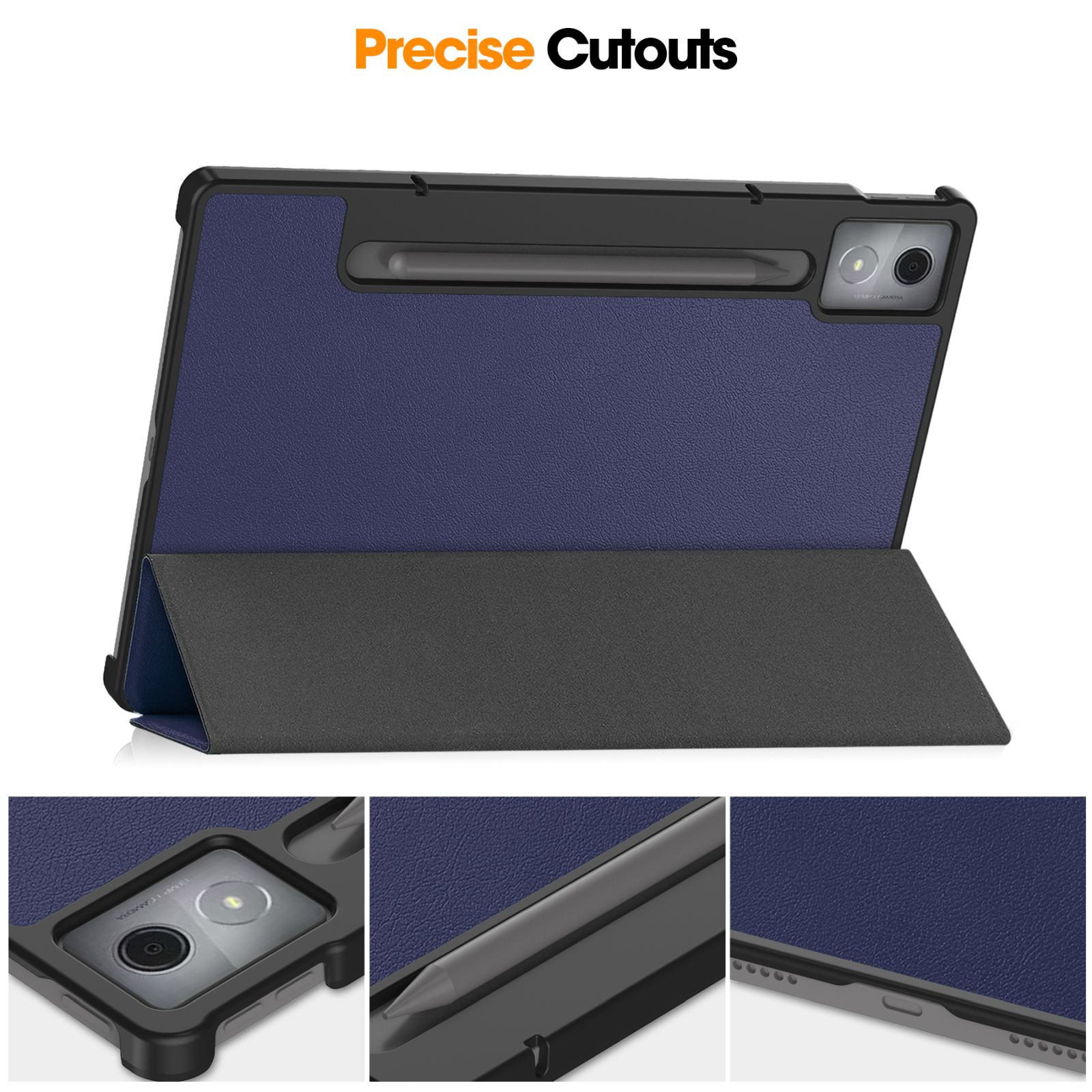 Custodia per tablet con copertura blu, cornice nera e supporto. Il marchio 'Precise Cutouts' è in alto.