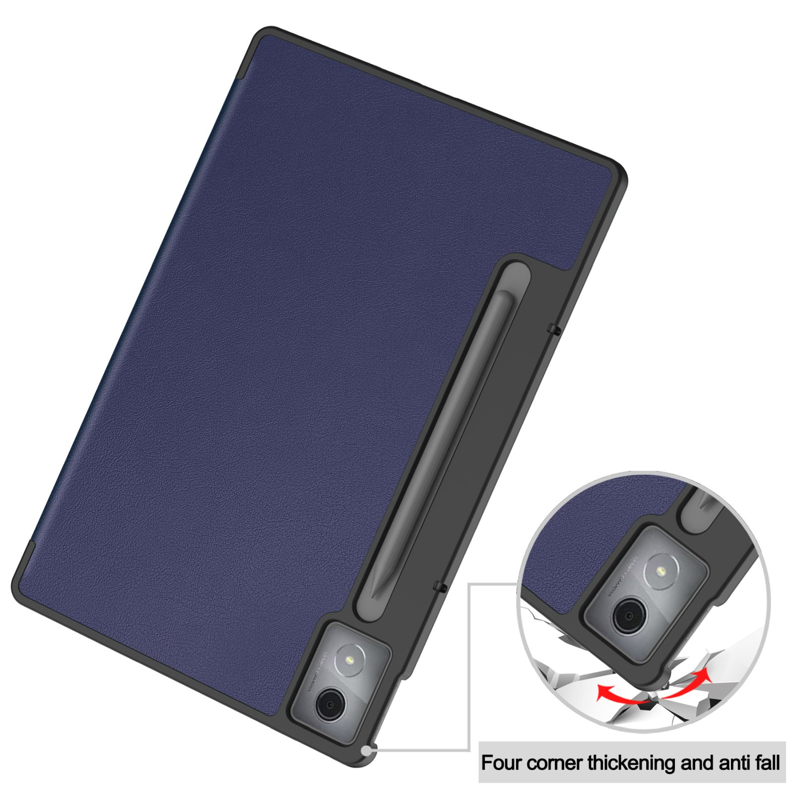 Custodia per tablet con stilo. La custodia è blu scuro, la cornice è nera. Sono evidenziate la protezione angolare e le funzioni anti-caduta.