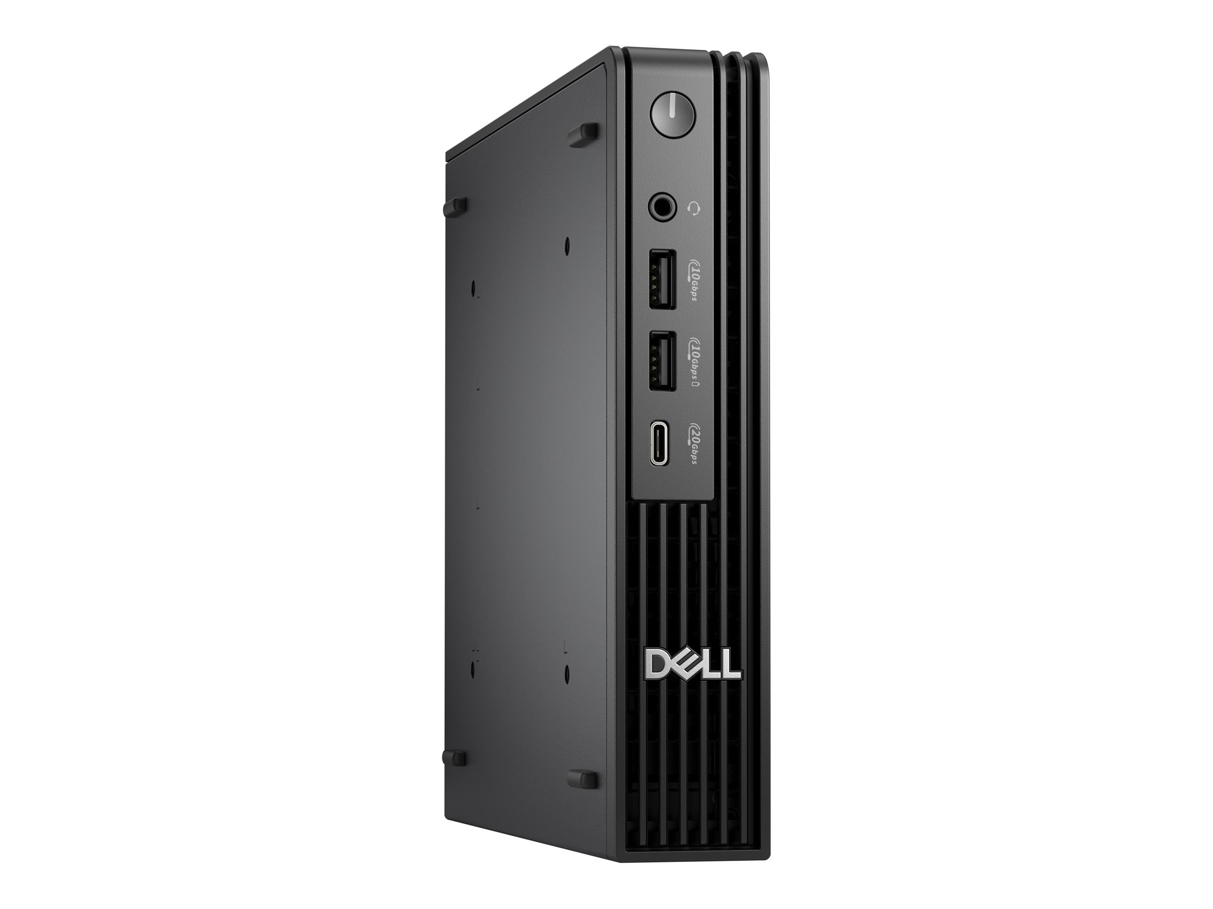 A black Dell desktop computer. It has power button, ports and a Dell logo on the front.