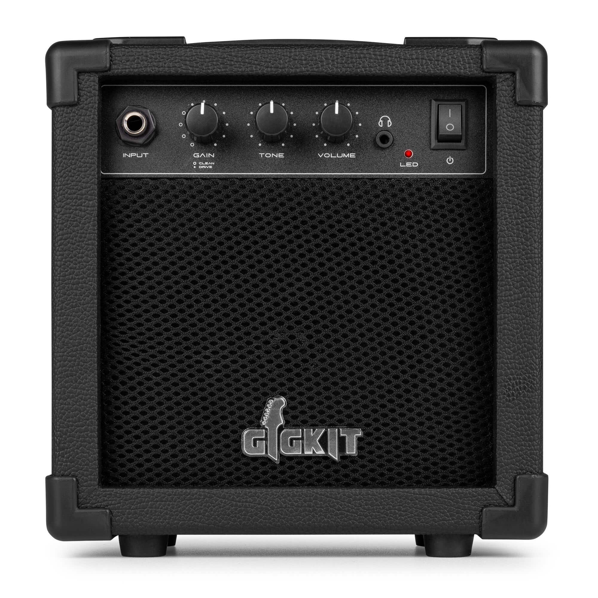 Schwarzer Gitarrenverstärker mit Knöpfen, Eingang und Netzschalter. Die Vorderseite hat einen Lautsprechergrill und ein Logo.