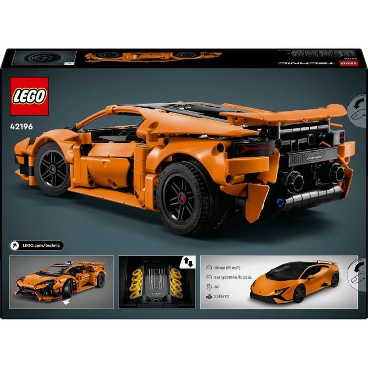 Pomarańczowy model Lego Technic samochodu Lamborghini. Pudełko pokazuje samochód z wielu perspektyw i zawiera szczegóły techniczne.