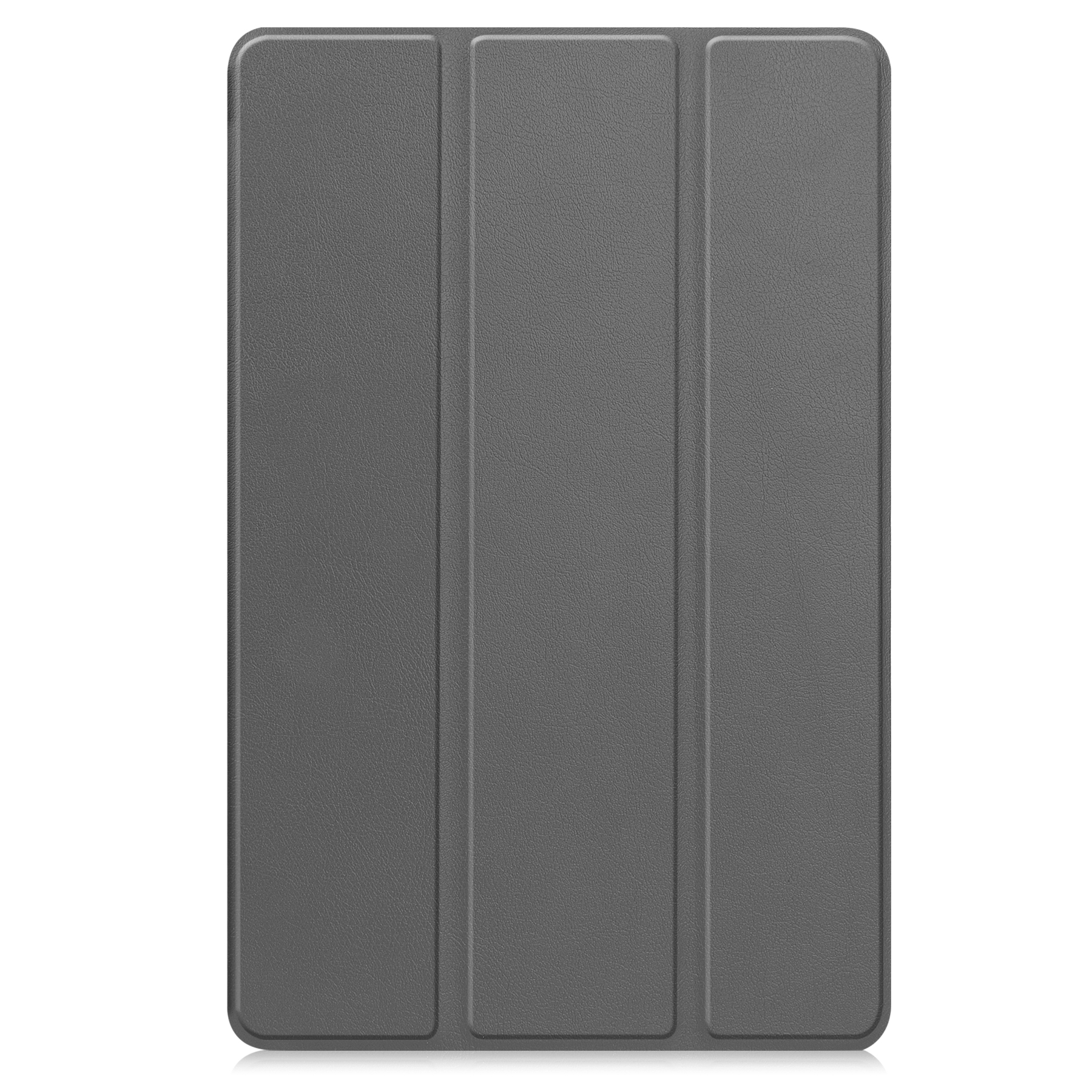 Custodia grigia per tablet su sfondo bianco. La custodia è piegata in tre sezioni.