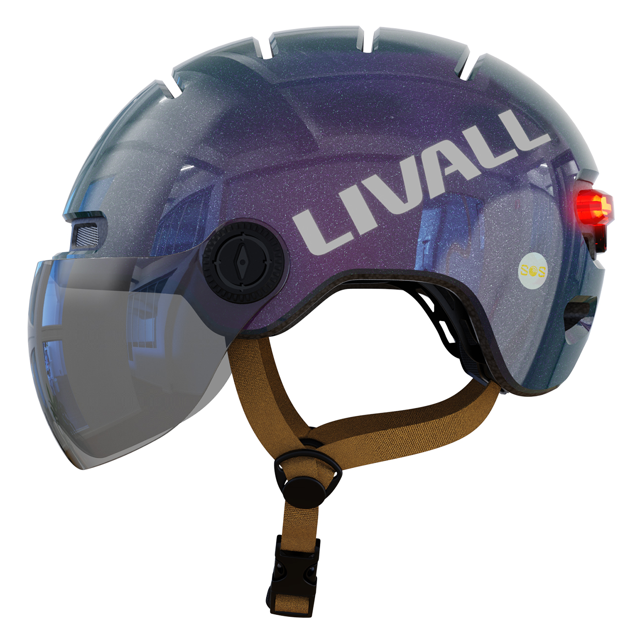 Un casco da ciclismo Livall con visiera, cinturini marroni e luce rossa integrata. Il casco è blu scuro con il logo Livall.