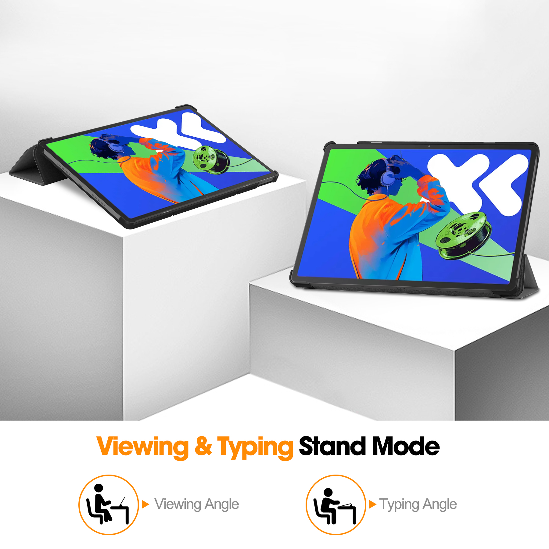 Due tablet su blocchi bianchi, che mostrano gli angoli di visualizzazione e digitazione. Ogni tablet mostra un'illustrazione. Il testo evidenzia la modalità supporto.