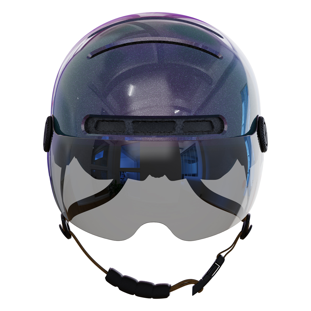 Un primo piano di un casco viola scuro con visiera. Ha una presa d'aria e un cinturino. La visiera riflette un edificio blu.