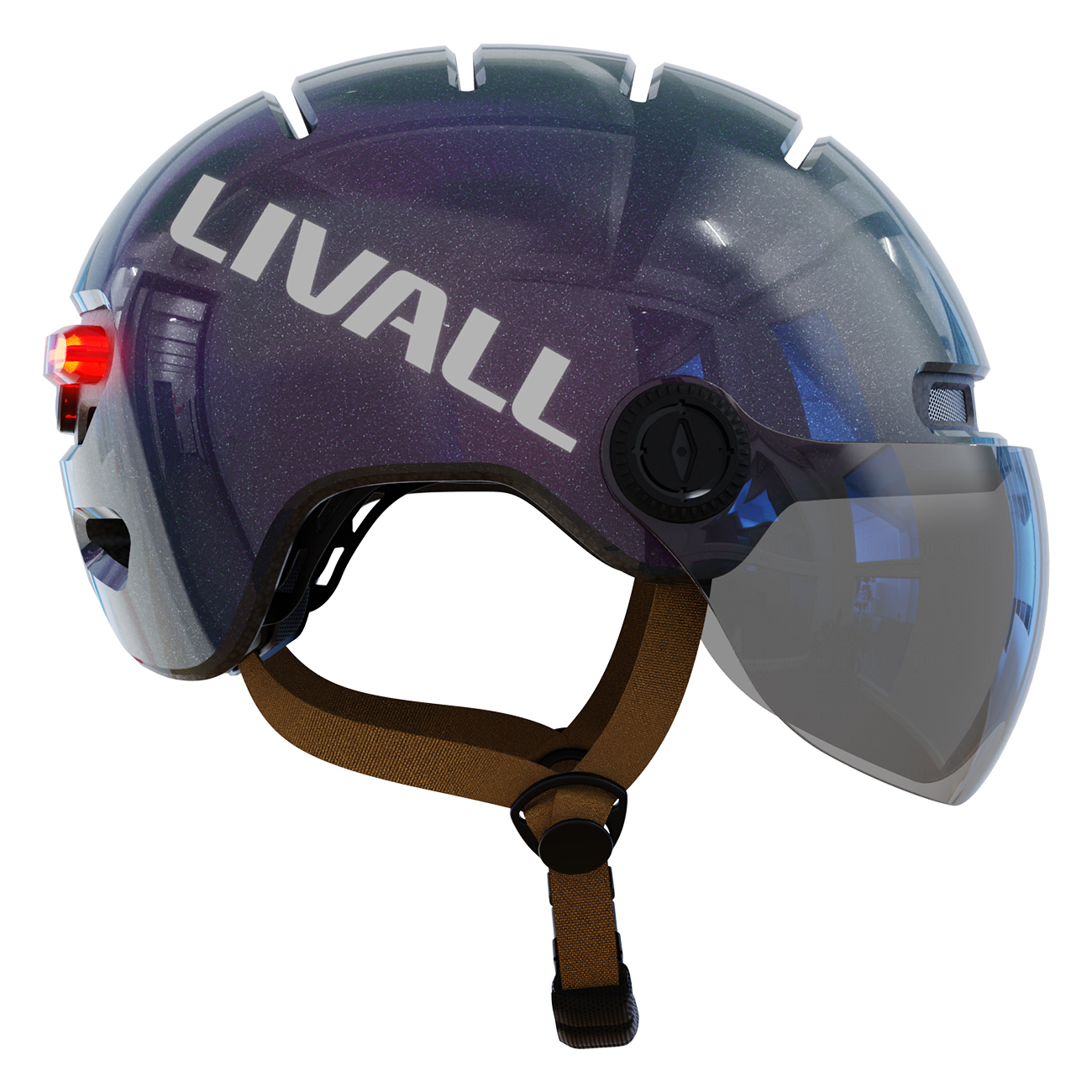 Un casco da bicicletta Livall con visiera. È blu scuro con il nome del marchio in bianco. Una luce rossa è visibile sul lato.