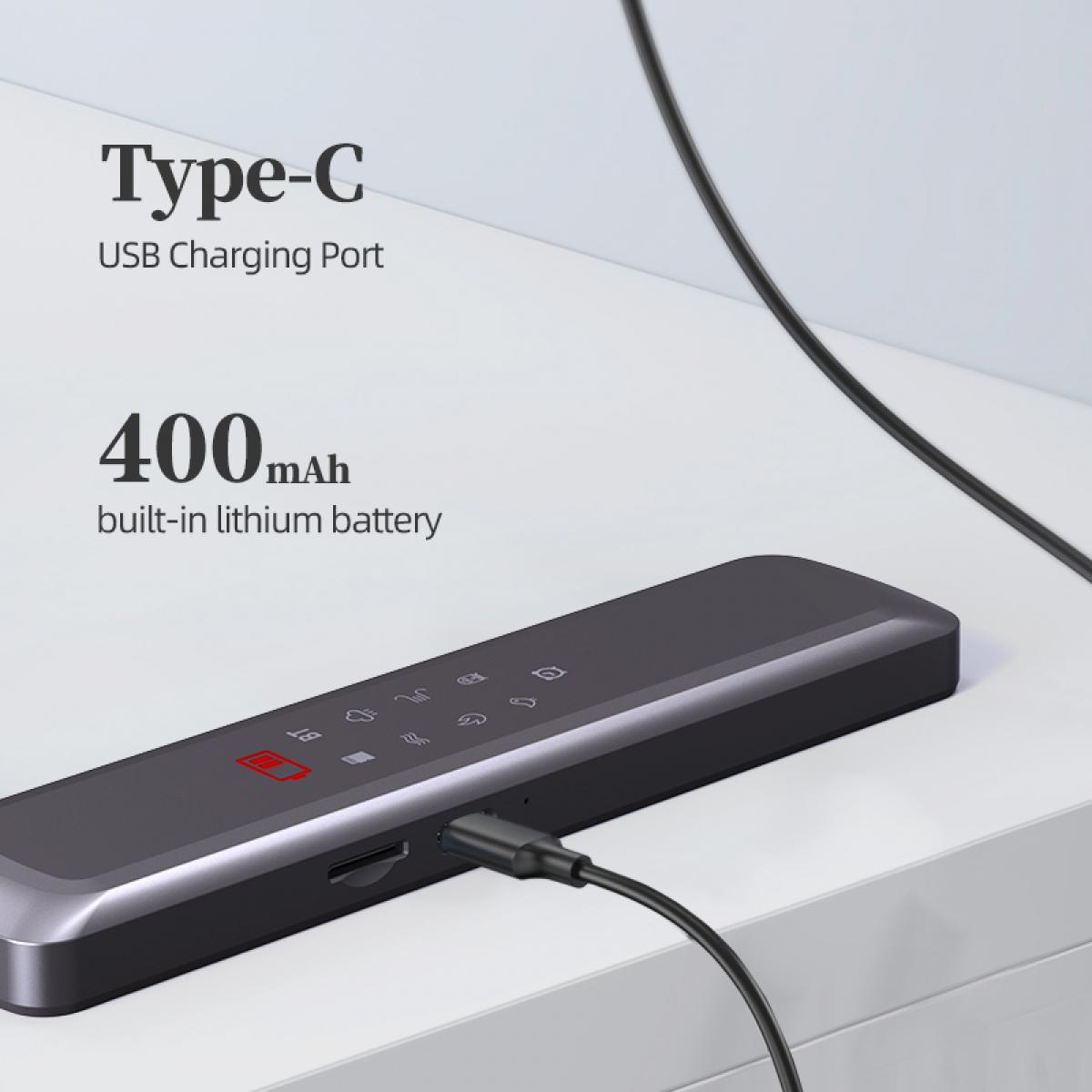 Ein dunkelgraues Gerät ist mit einem schwarzen Kabel verbunden. Der Text lautet: Typ-C, USB-Ladeanschluss, 400mAh eingebaute Lithiumbatterie.