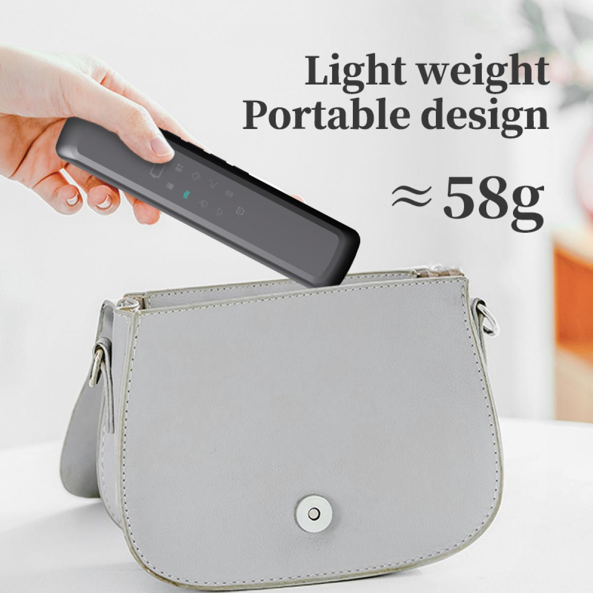 Hand hält Gerät über grauer Handtasche. Text: Leicht, tragbares Design, ~58g.