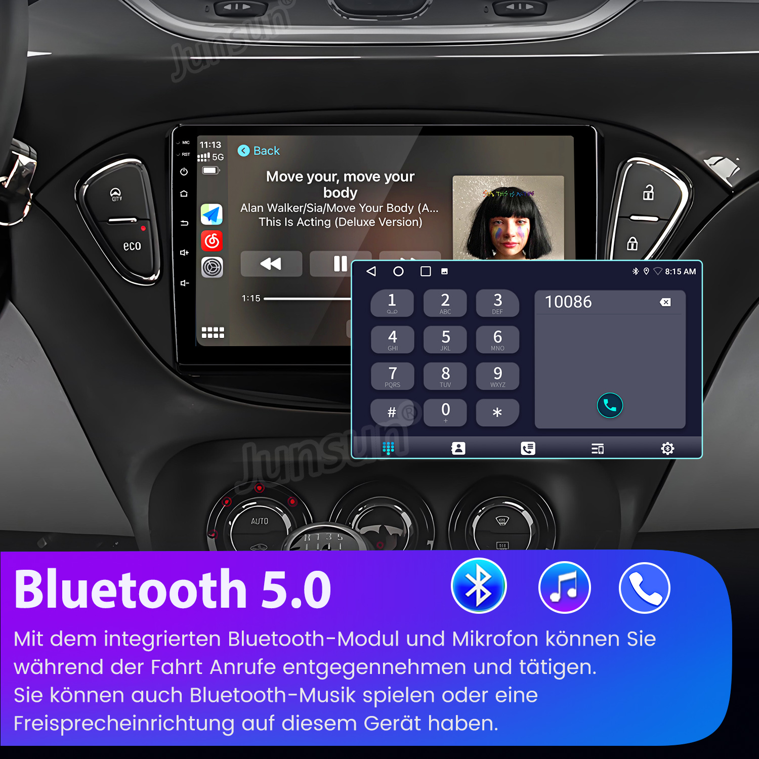 Autoradio-Bildschirm mit Telefonwähler und Musikplayer. Bluetooth 5.0 Logo unten.