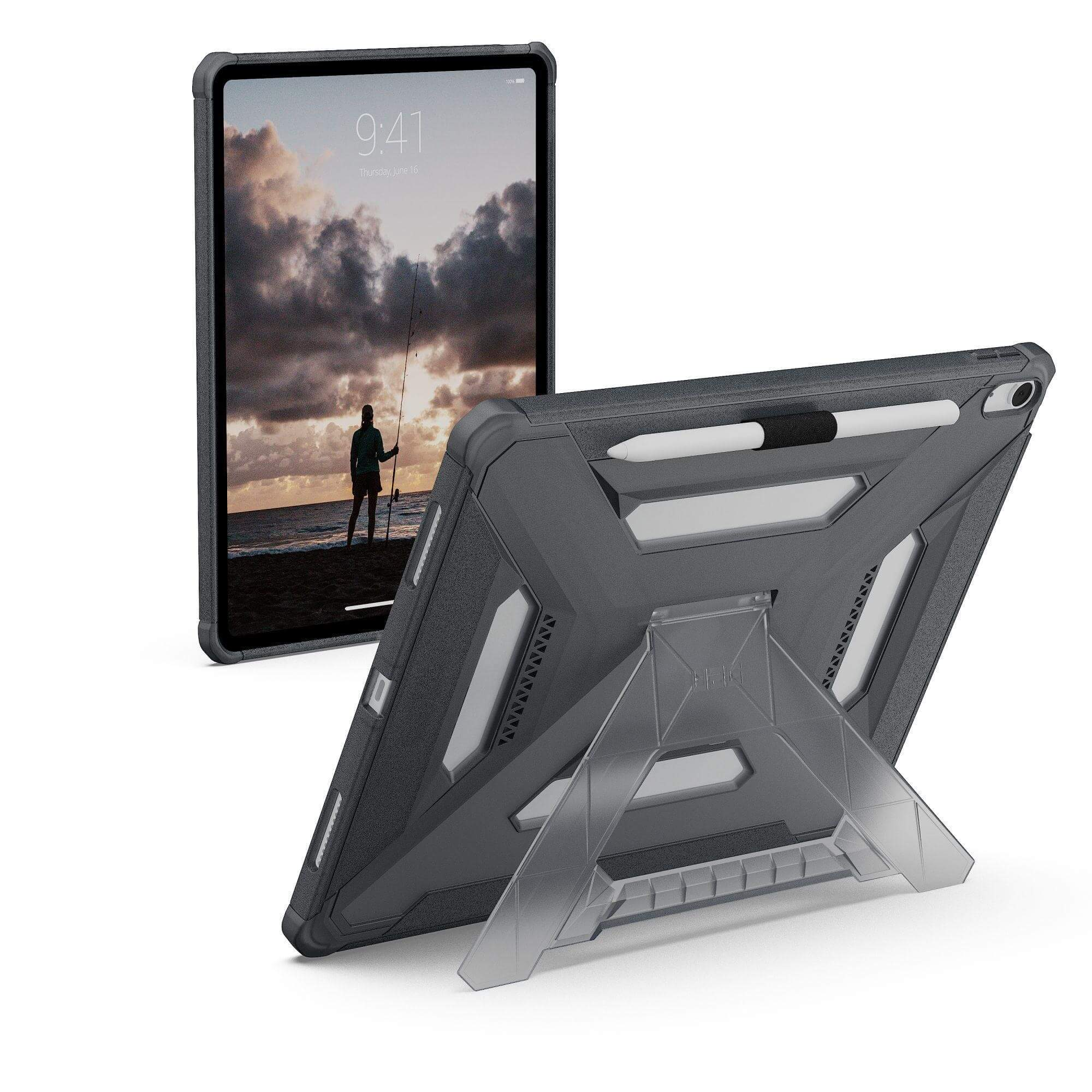 Tablet w szarej obudowie ze stojakiem. Ekran pokazuje osobę łowiącą ryby o zachodzie słońca. Dołączony jest rysik.