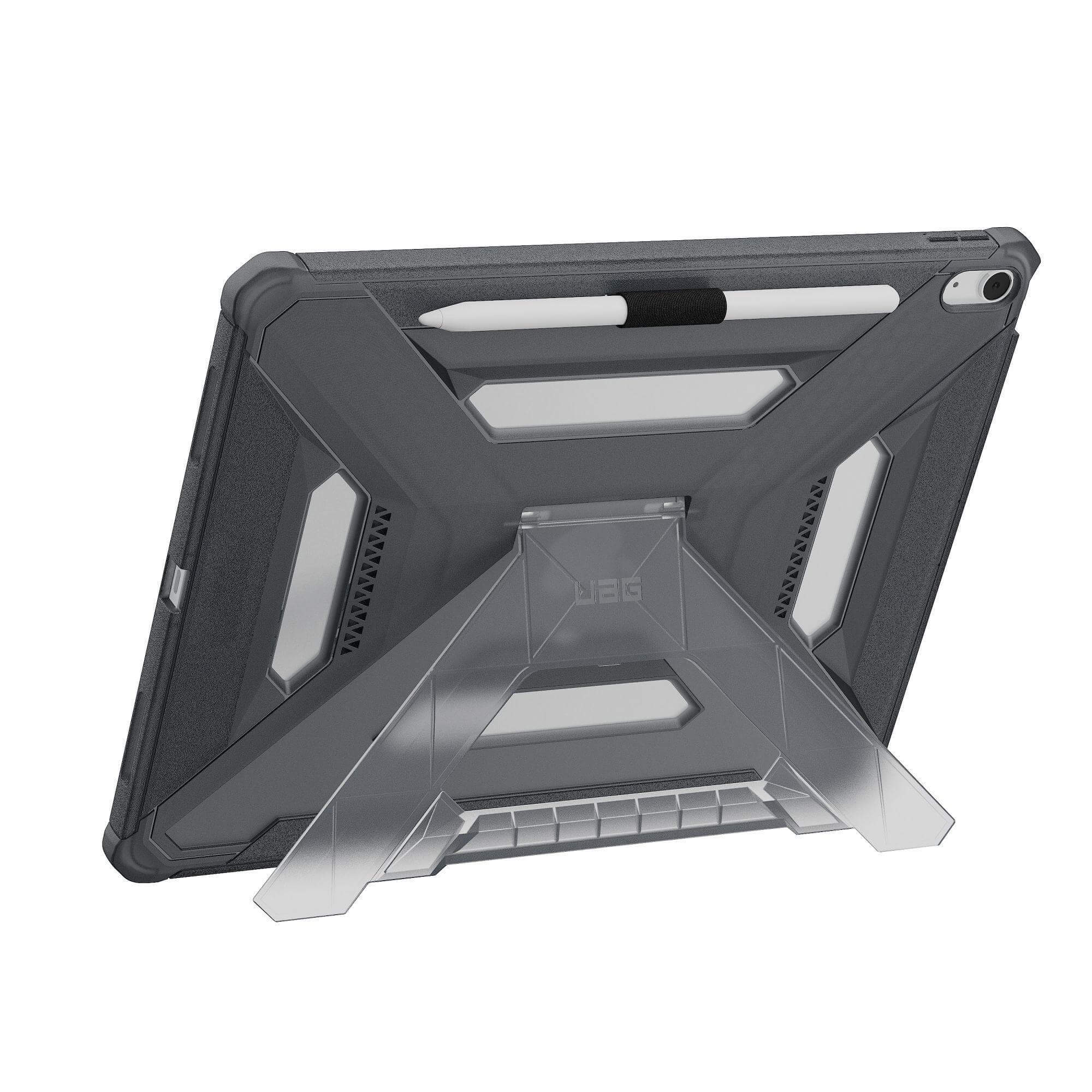 Szary tablet w etui ze stojakiem. Dołączony jest biały rysik. Tło jest białe.