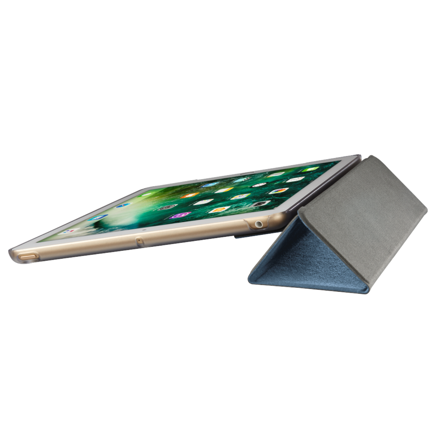 Ein iPad in einer grauen Hülle, teilweise geöffnet. Der Bildschirm zeigt App-Symbole. Die Hülle ist abgewinkelt, mit blauem Innenraum.