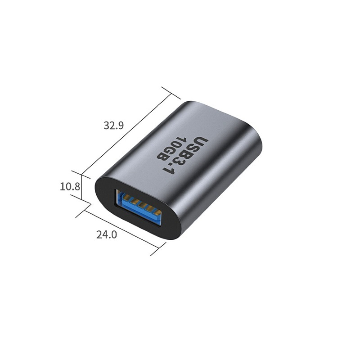 Ein grauer USB 3.1-Adapter mit 10GB Kapazität, beschriftet. Abmessungen: 32,9 mm lang, 10,8 mm hoch und 24,0 mm breit.