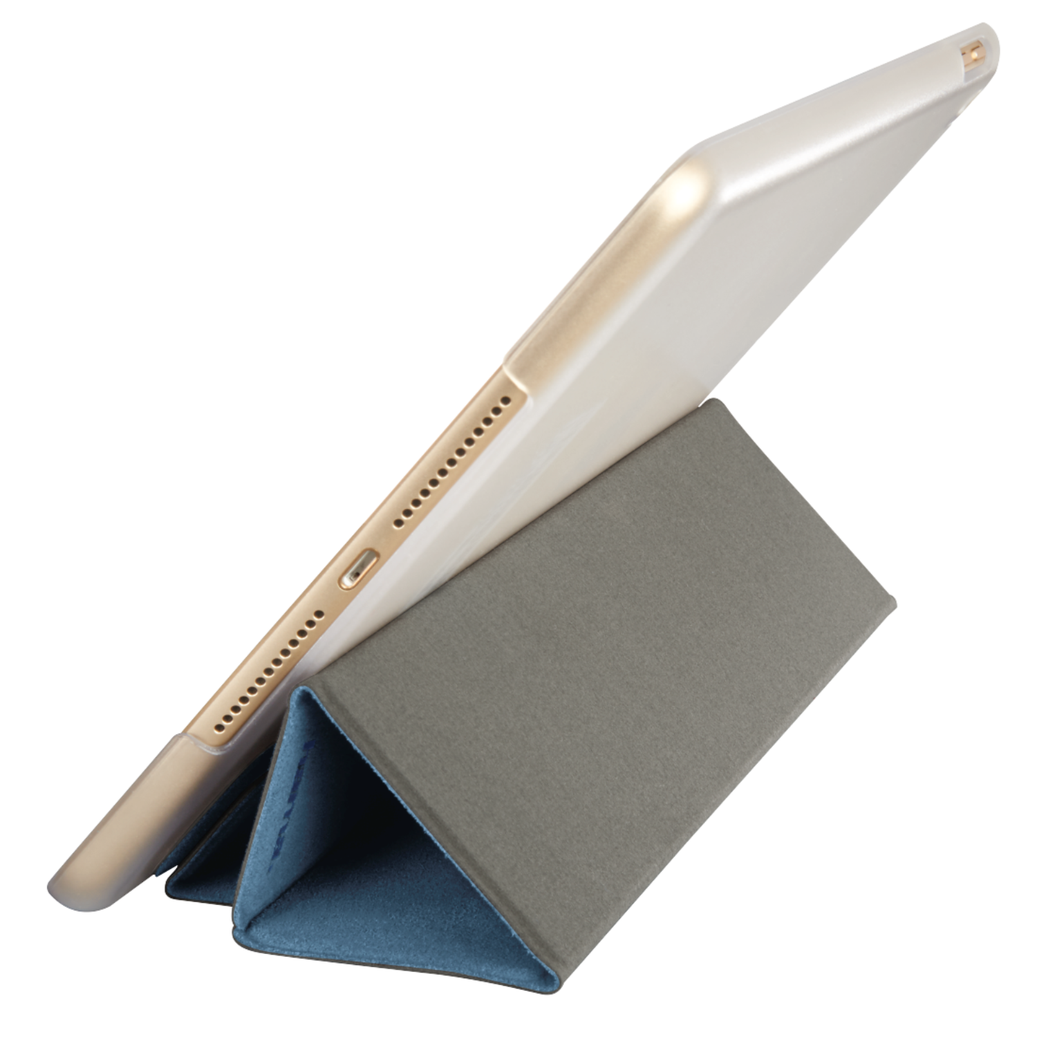 Ein Tablet in einem grau-blauen Ständer. Das Tablet ist weiß und goldfarben. Der Ständer ist dreieckig gefaltet.