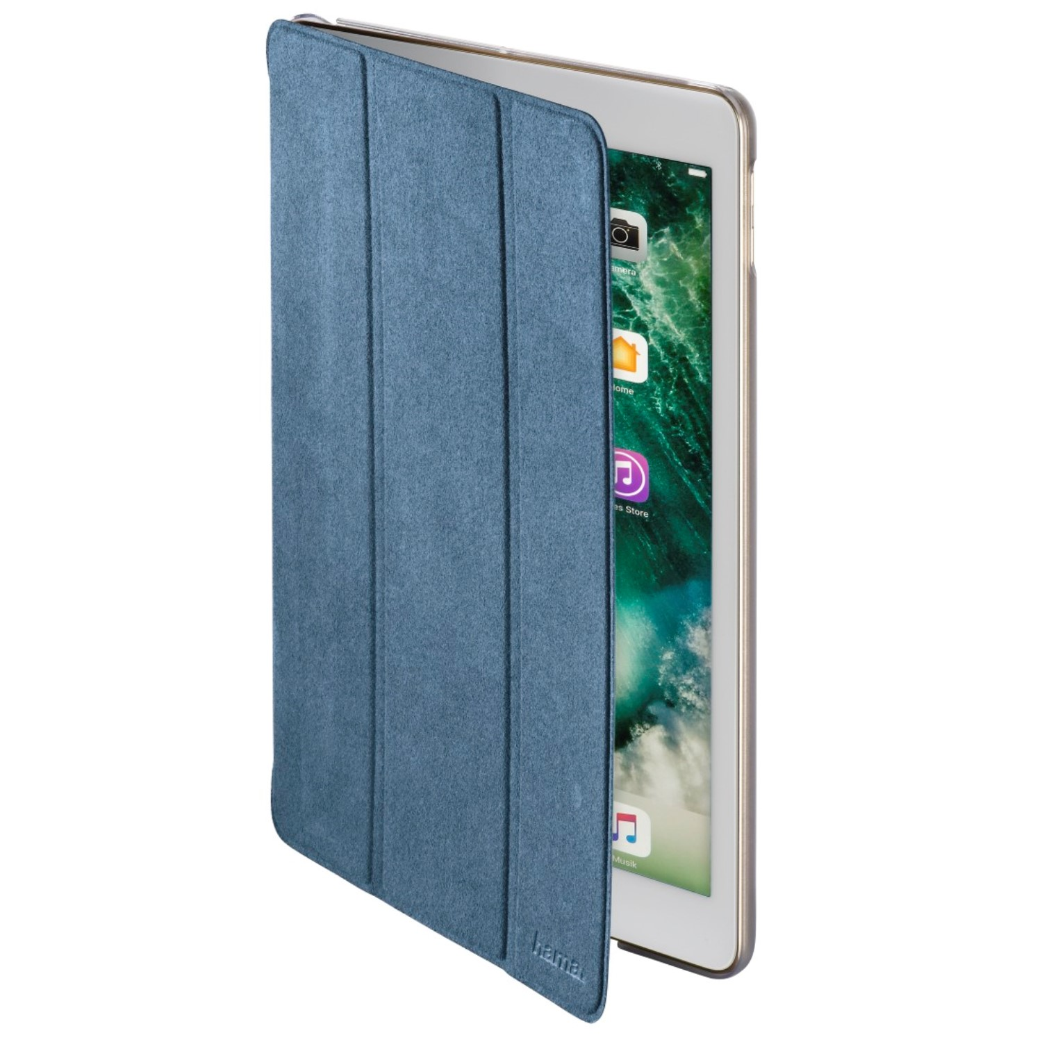 Ein Tablet mit blauem Cover, teilweise geöffnet. Das Tablet zeigt App-Symbole. Die Hülle besteht aus strukturiertem Material.