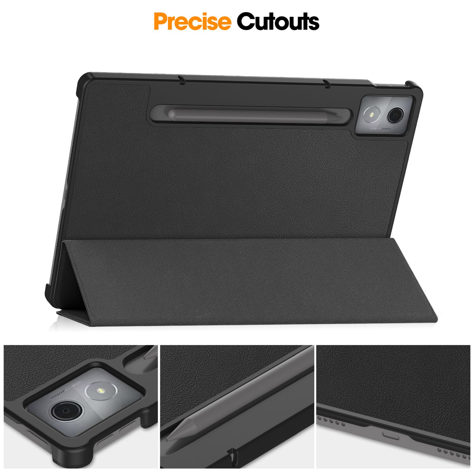 Custodia nera per tablet con supporto. La custodia ha un portapenne. I ritagli precisi sono evidenziati nella parte superiore.