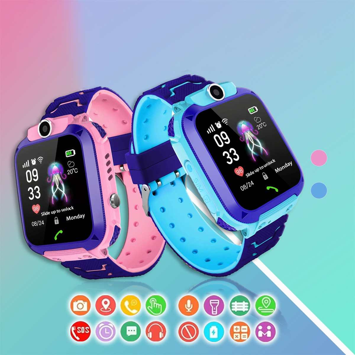 Zwei Smartwatches nebeneinander. Eine rosa, eine blaue. Beide zeigen die Uhrzeit 09:33, mit einem Quallen-Symbol und anderen Symbolen.