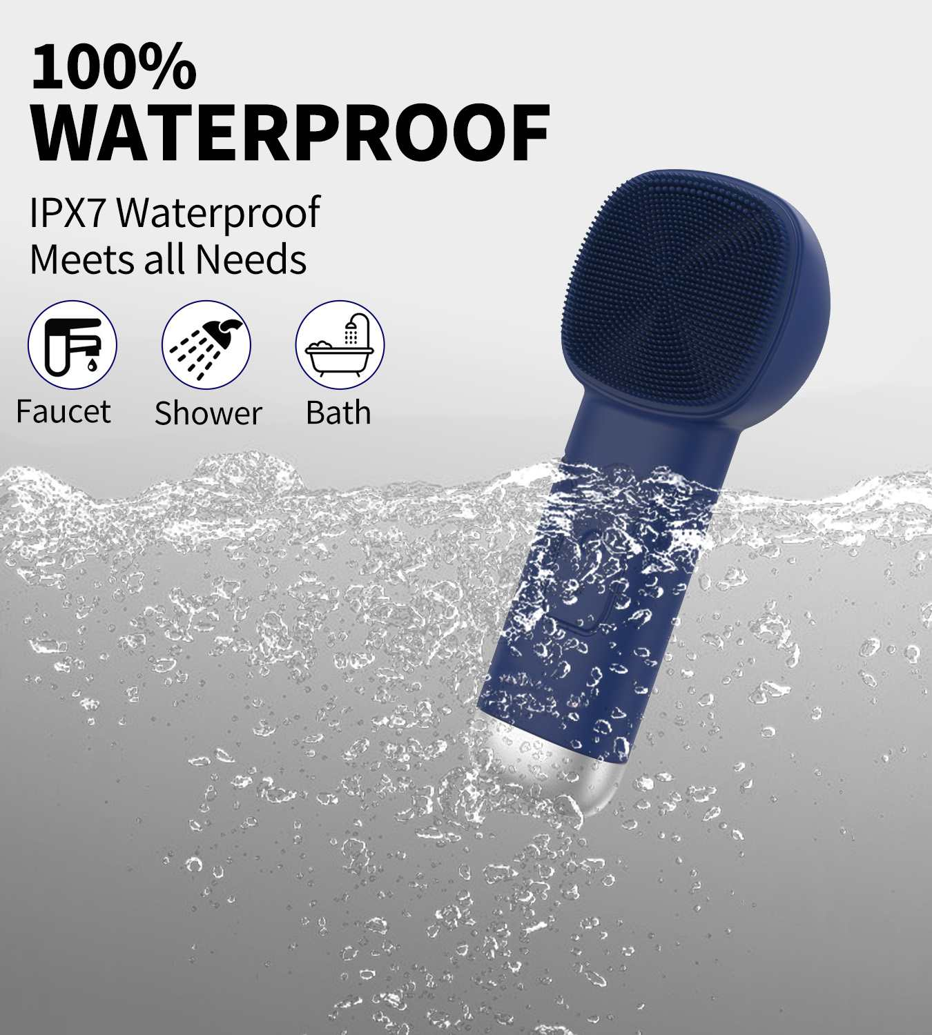 Eine blaue, wasserdichte Gesichtsreinigungsbürste im Wasser. Der Text lautet '100% wasserdicht' und Symbole für Wasserhahn, Dusche und Bad.