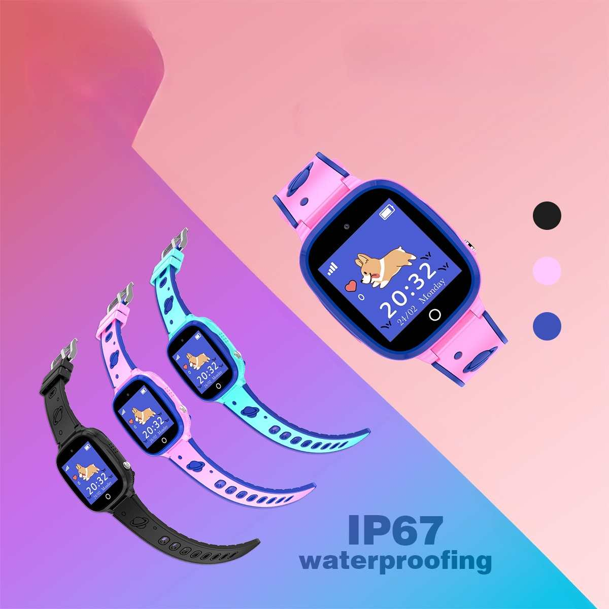 Smartwatches mit verschiedenfarbigen Armbändern. Jede Uhr zeigt die Uhrzeit an. Der Hintergrund ist eine Mischung aus Rosa und Lila.