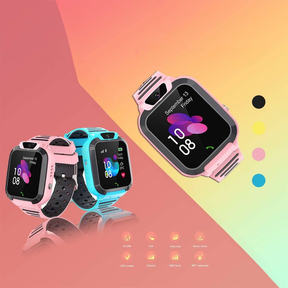 Rosa, schwarze und blaue Smartwatches. Jede zeigt Datum und Uhrzeit an. Symbole für Funktionen darunter.