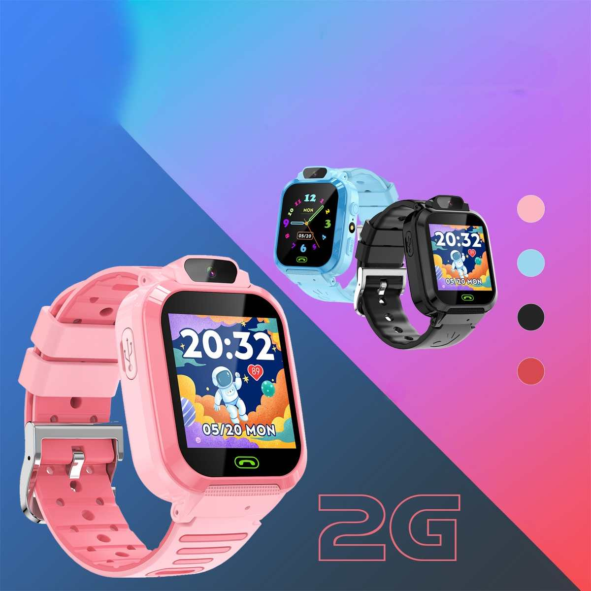 Drei Smartwatches, pink, blau und schwarz, zeigen Uhrzeit und Datum an. Pinke Uhr im Vordergrund. Bunter Hintergrund mit 2G-Text.
