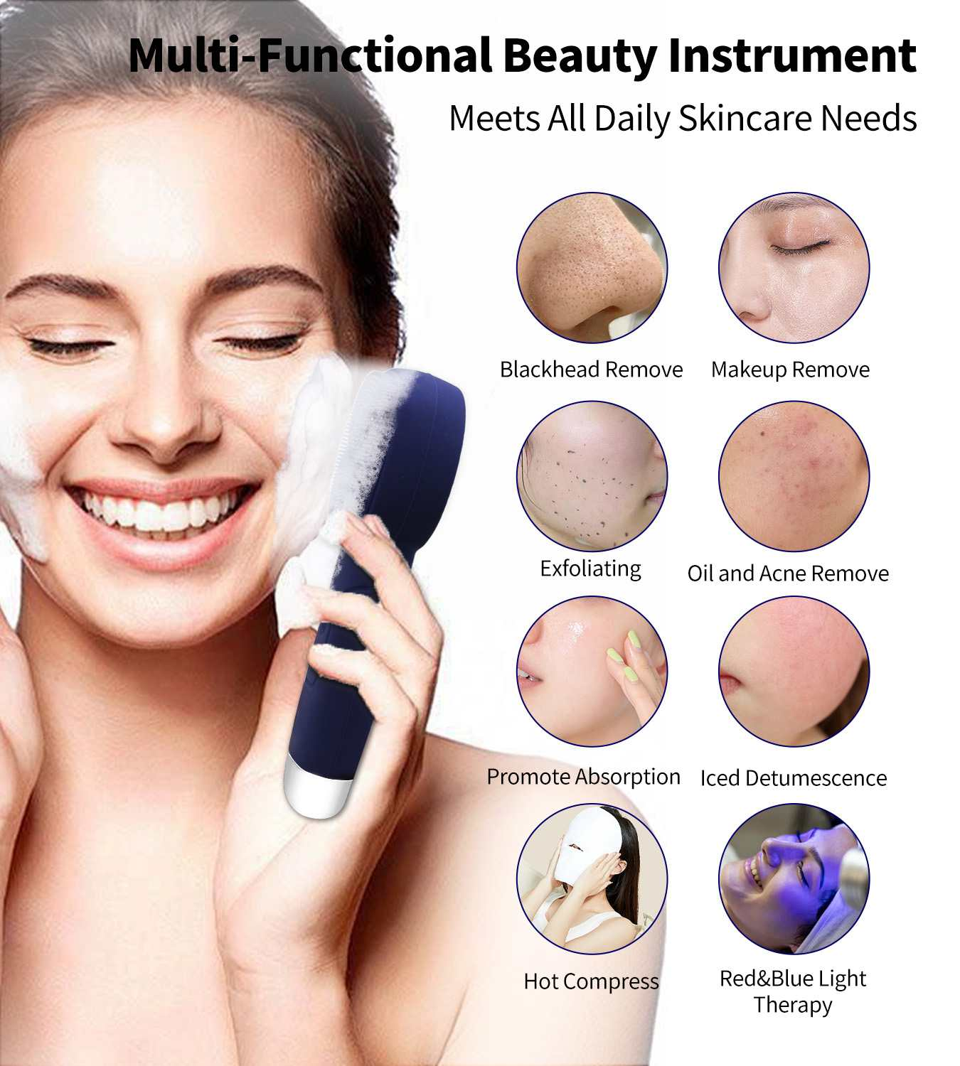 Eine Frau benutzt ein Hautpflegeinstrument. Verschiedene Vorteile werden in Kreisen gezeigt, einschließlich Mitesserentfernung und Rot/Blau-Lichttherapie.