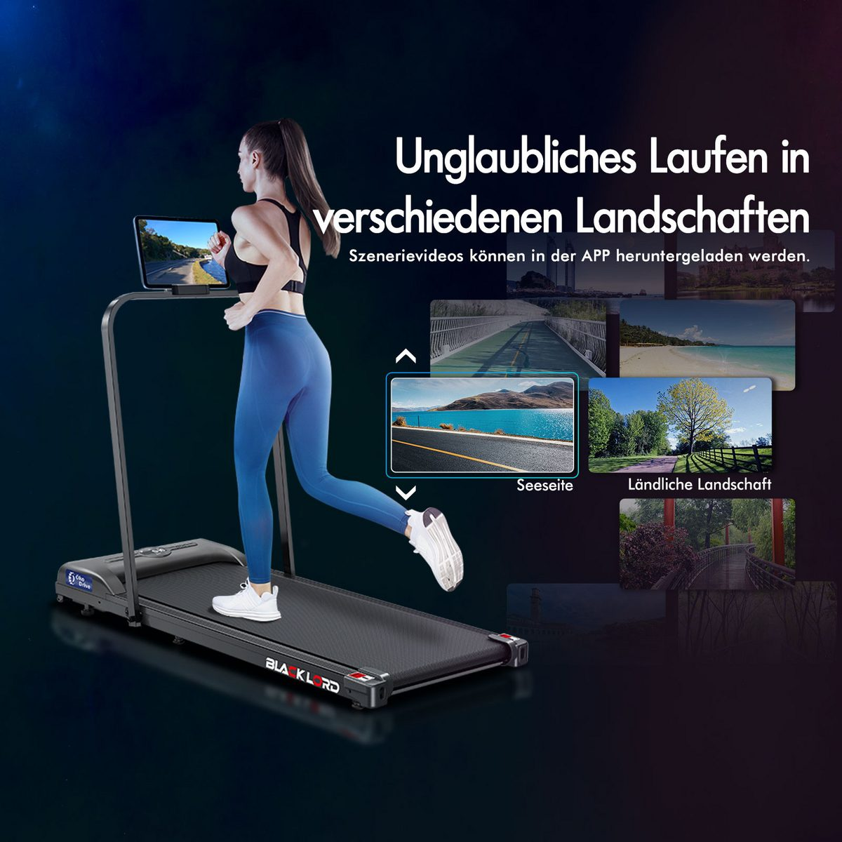 Frau läuft auf einem Laufband. Es hat ein Tablet, das eine Landschaft anzeigt. Text: 'Unglaubliches Laufen in verschiedenen Landschaften'.