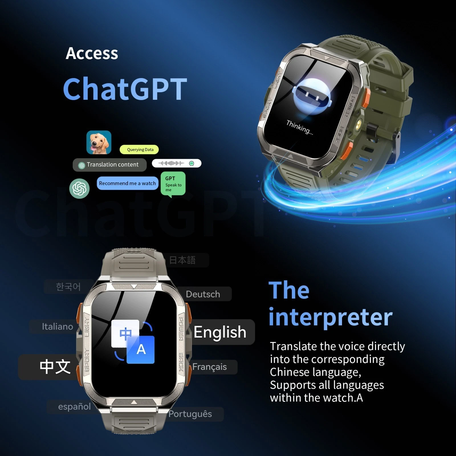 Smartwatch mit ChatGPT-Zugang. Bietet Übersetzung, Bildschirm mit chinesischen Zeichen und unterstützt mehrere Sprachen.