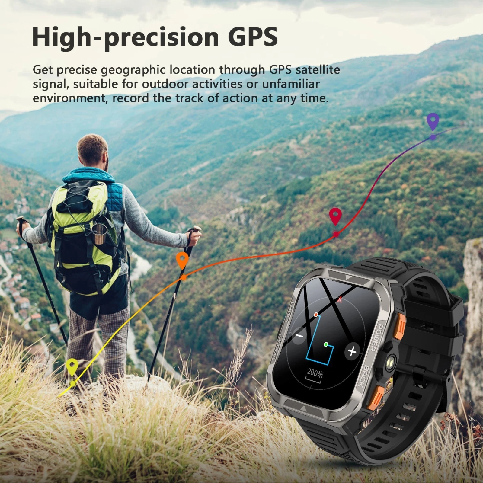Ein Wanderer mit GPS-Uhr verfolgt eine Bergroute. Die Uhr zeigt Navigation, Wege mit farbigen Linien an.